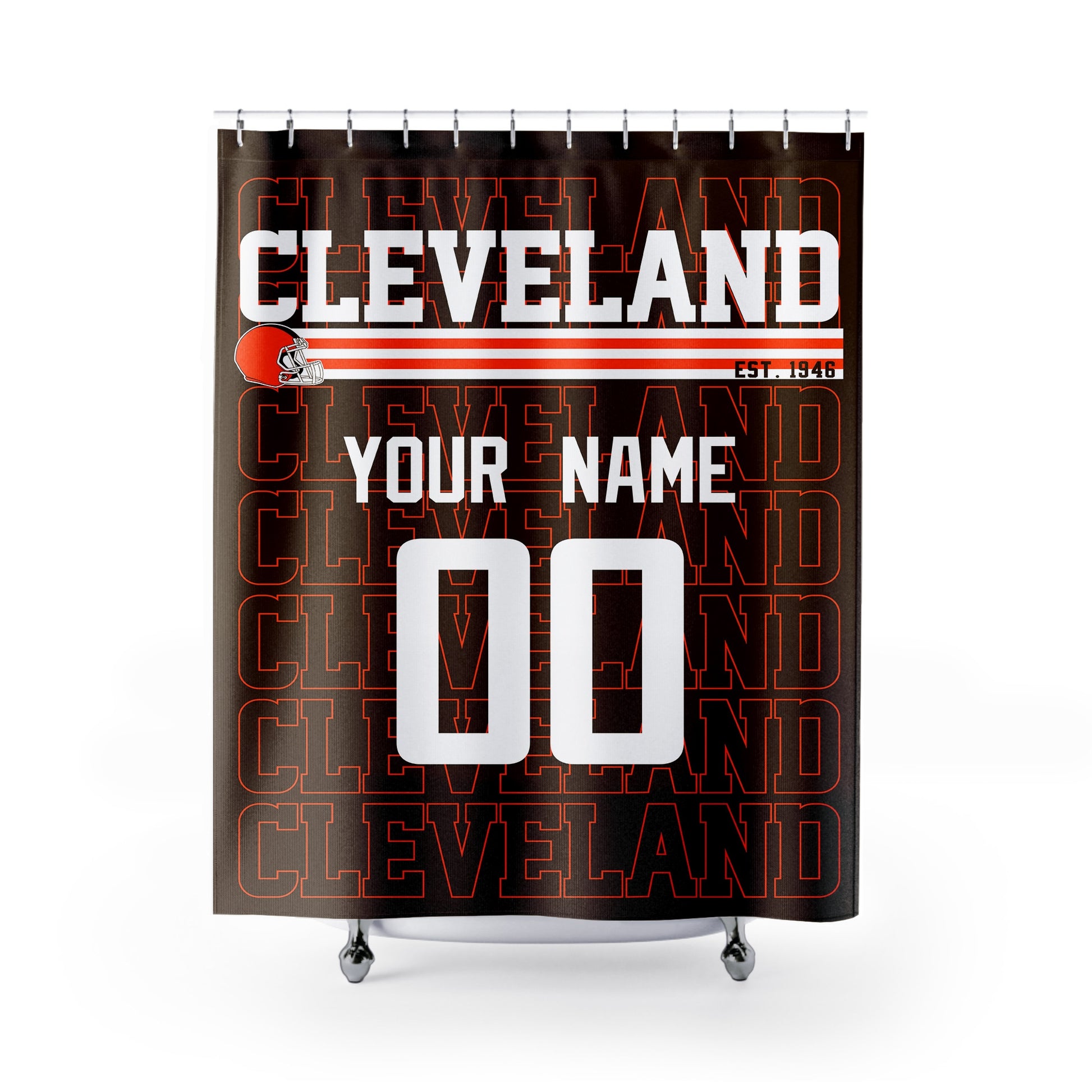 Personalized Cleveland football shower curtain in brown orange and white colors with custom name and number on a white background