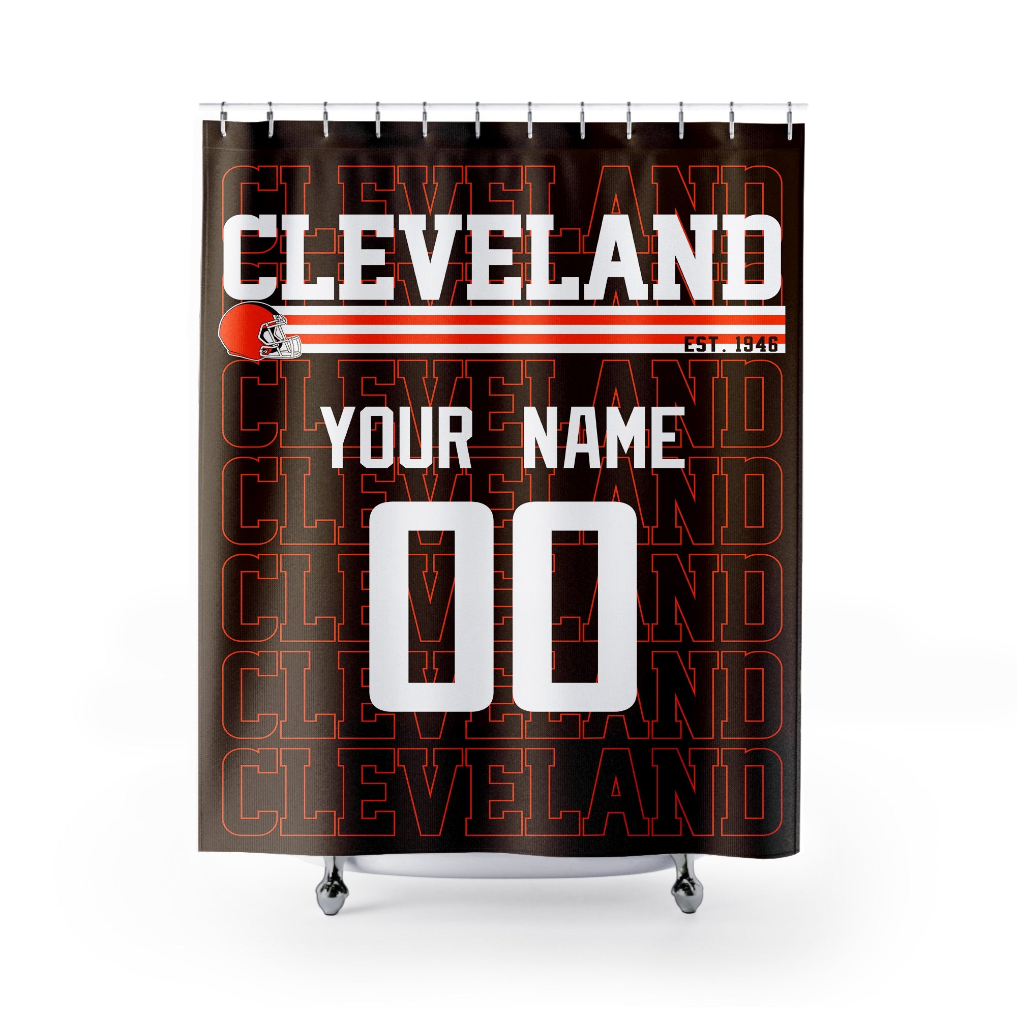 Personalized Cleveland football shower curtain in brown orange and white colors with custom name and number on a white background