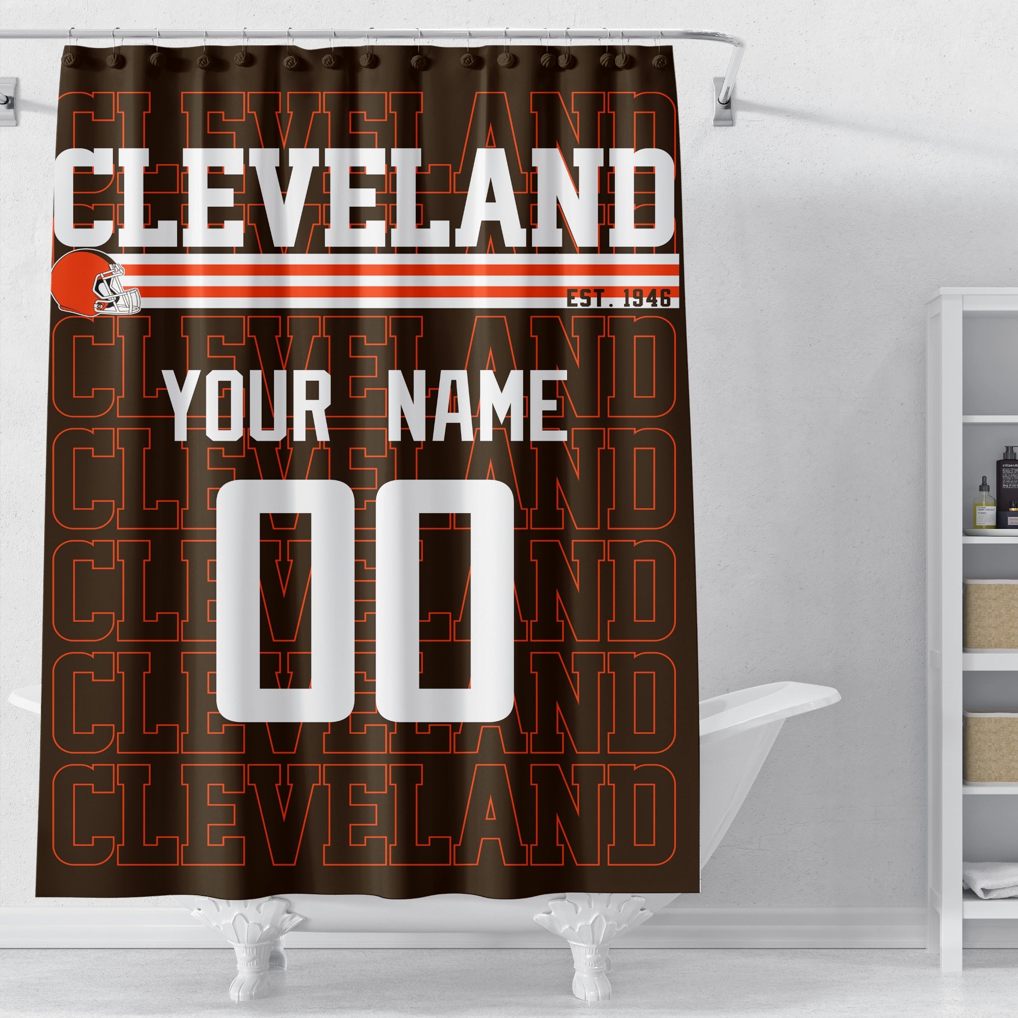 Personalized Cleveland football shower curtain in brown orange and white colors displayed above a bathtub