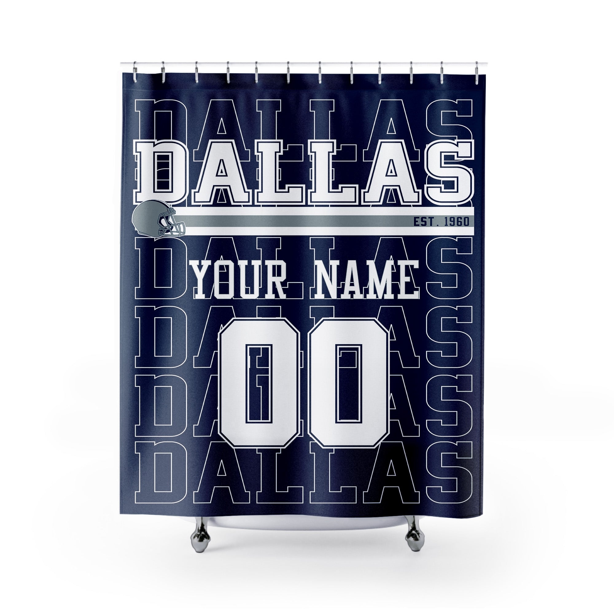 Personalized Dallas football shower curtain in navy silver and white colors with custom name and number on a white background