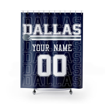 Personalized Dallas football shower curtain in navy silver and white colors with custom name and number on a white background