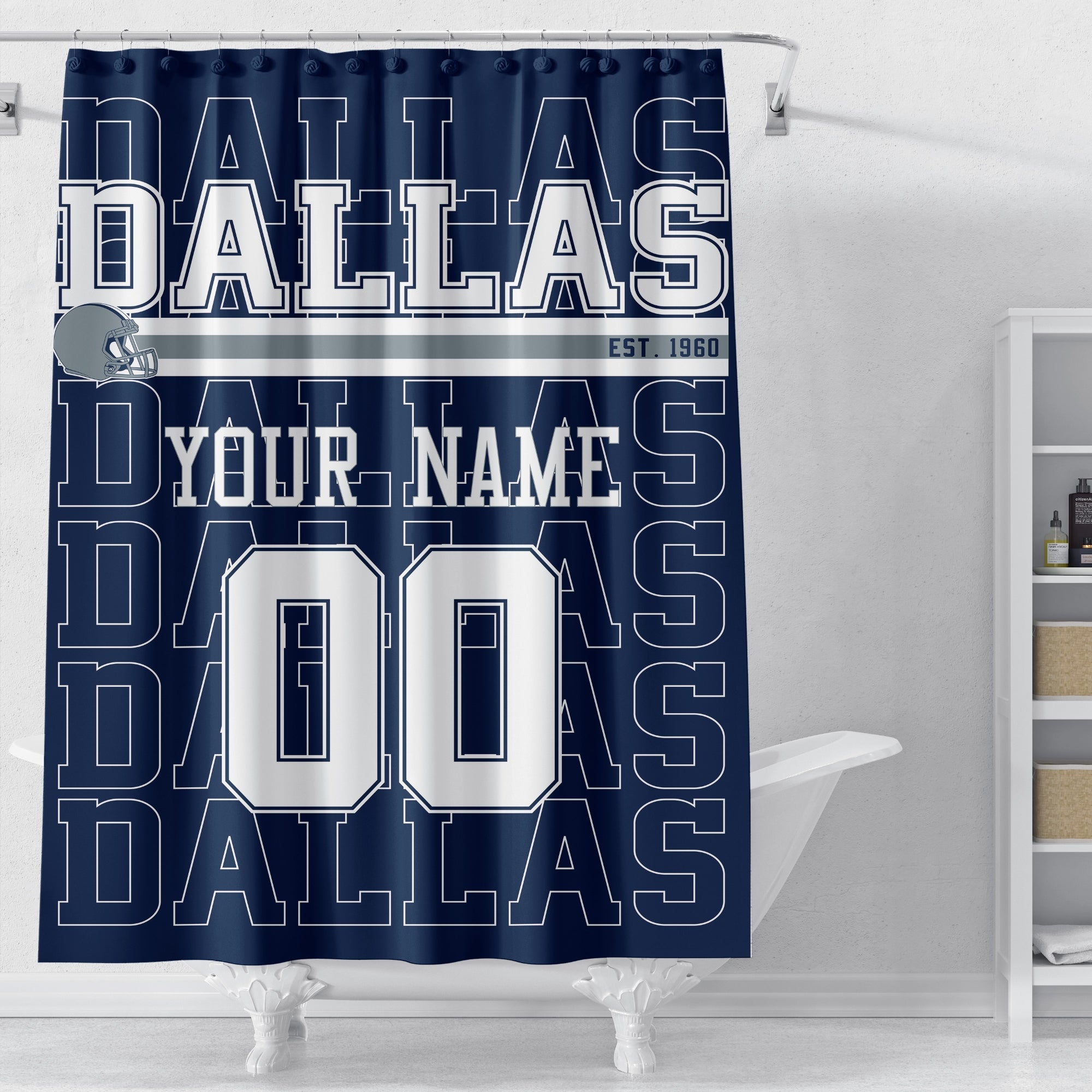 Personalized Dallas football shower curtain in navy silver and white colors displayed above a bathtub