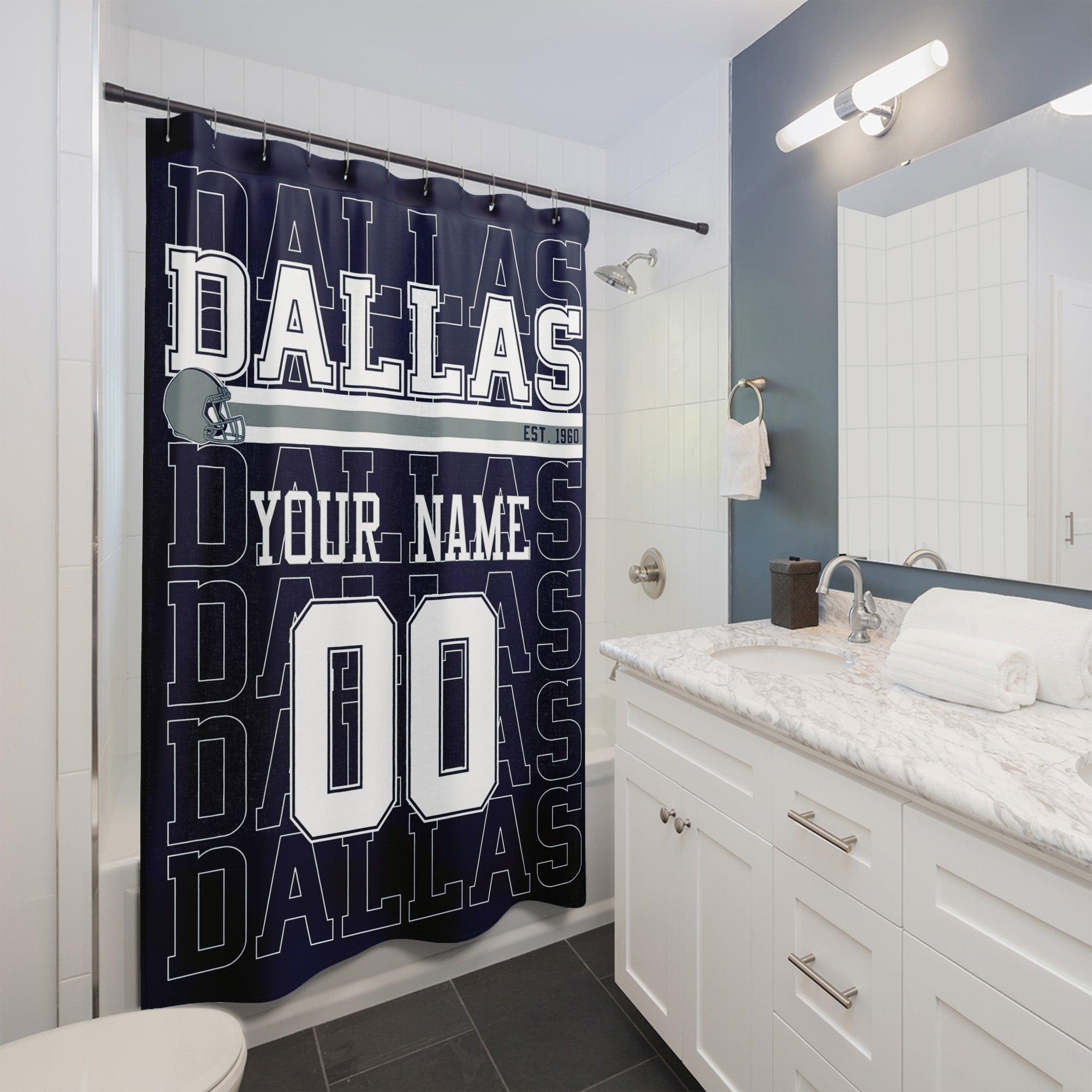 Personalized Dallas football shower curtain with custom name and number hanging in a modern bathroom