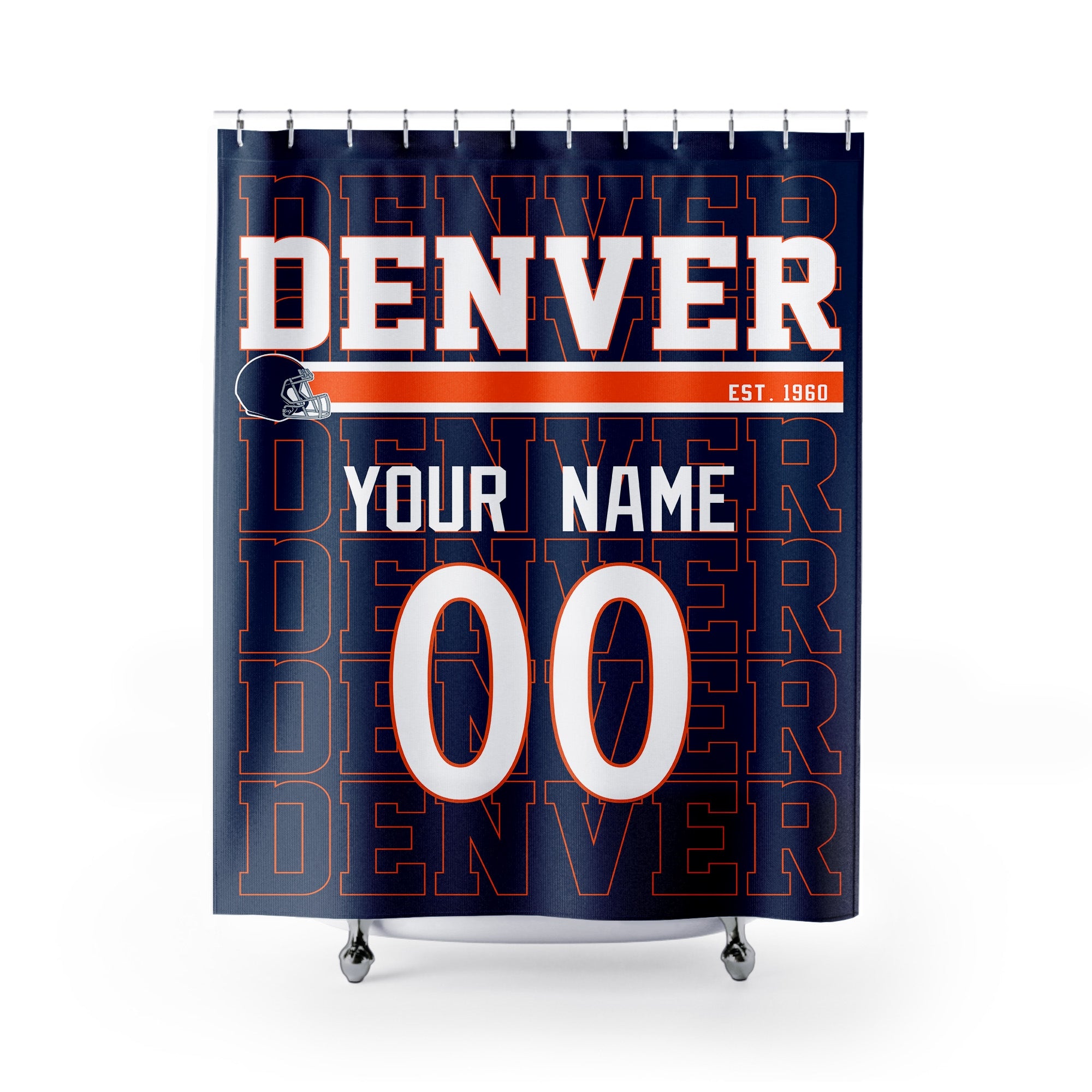 Personalized Denver football shower curtain in navy orange red and white colors with custom name and number on a white background
