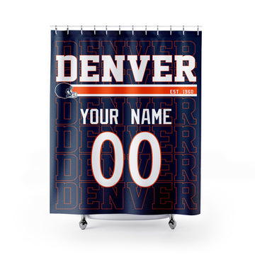 Personalized Denver football shower curtain in navy orange red and white colors with custom name and number on a white background