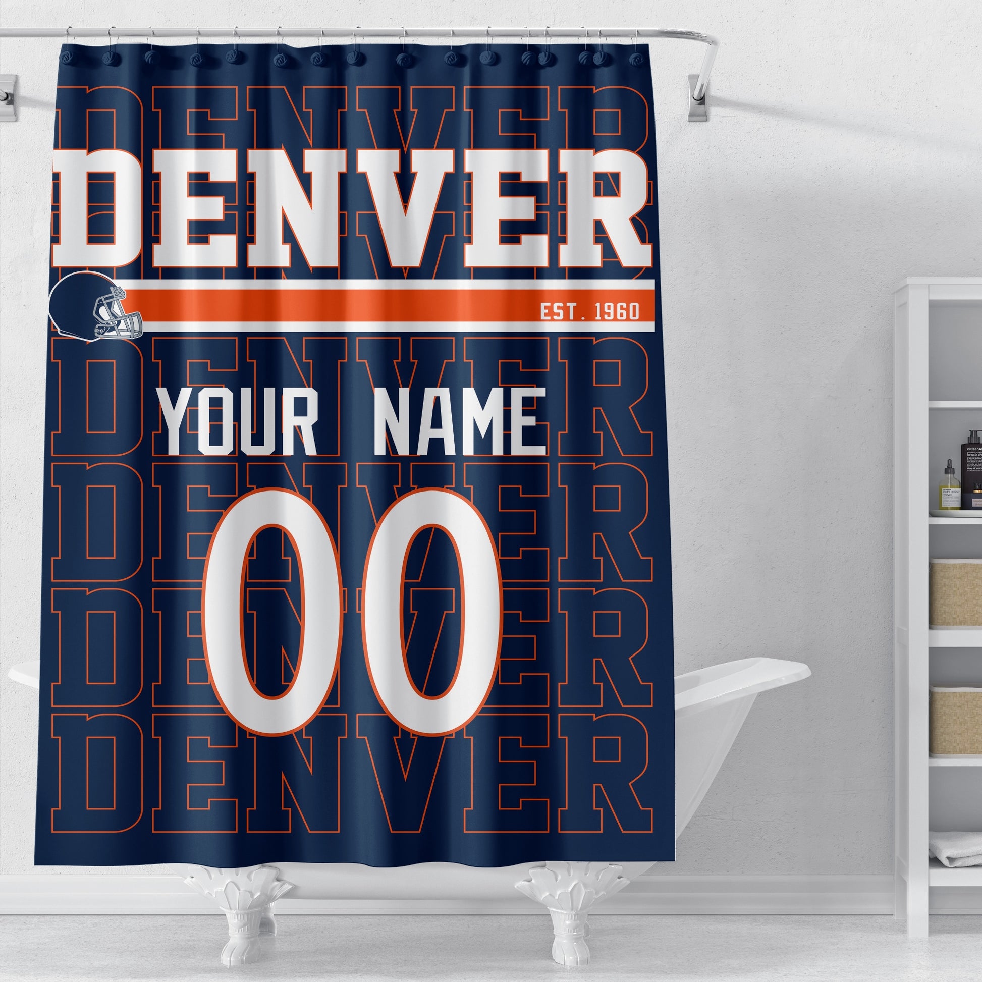 Personalized Denver football shower curtain in navy orange red and white colors displayed above a bathtub