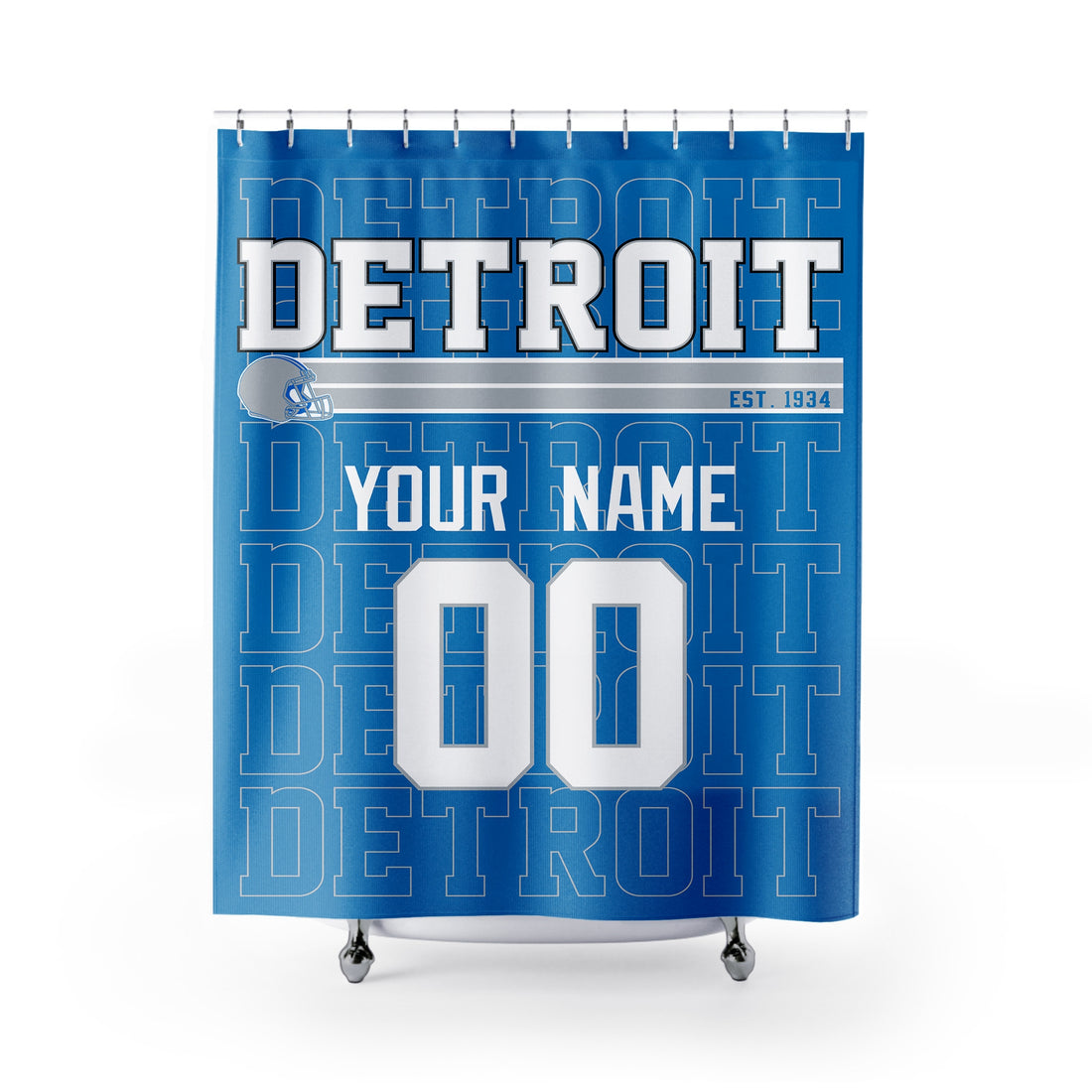 Personalized Detroit football shower curtain in blue silver and white colors with custom name and number on a white background