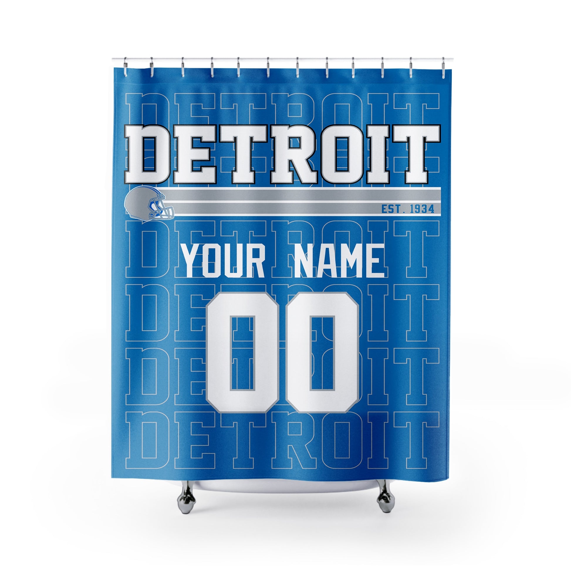 Personalized Detroit football shower curtain in blue silver and white colors with custom name and number on a white background