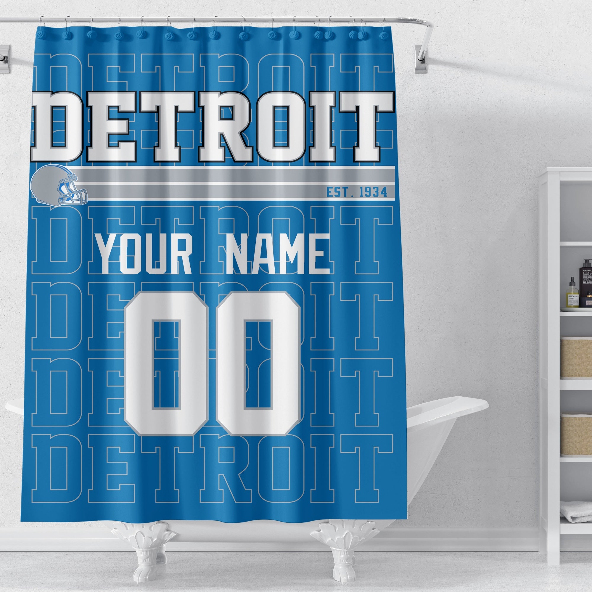Personalized Detroit football shower curtain in blue silver and white colors displayed above a bathtub
