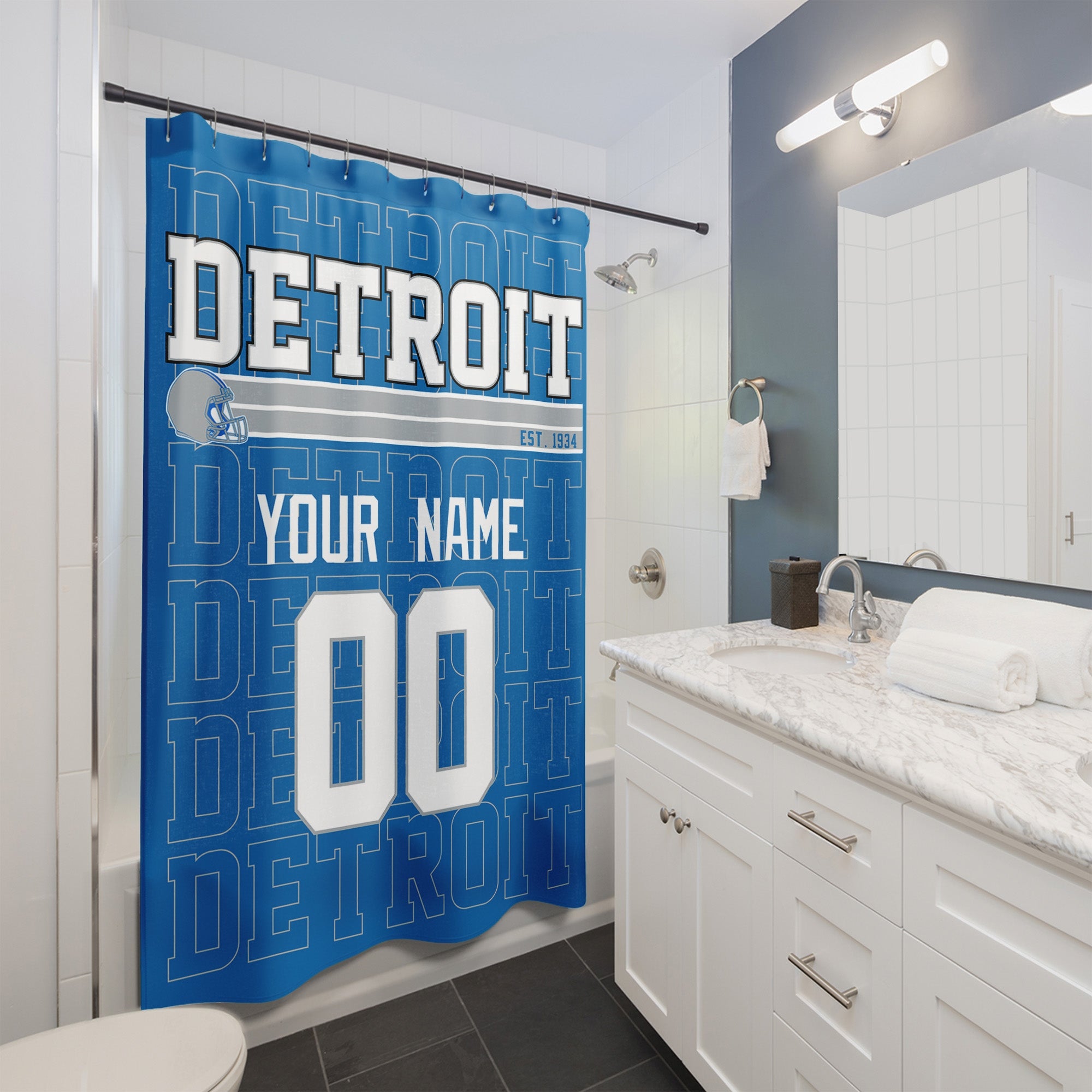 Personalized Detroit football shower curtain with custom name and number hanging in a modern bathroom