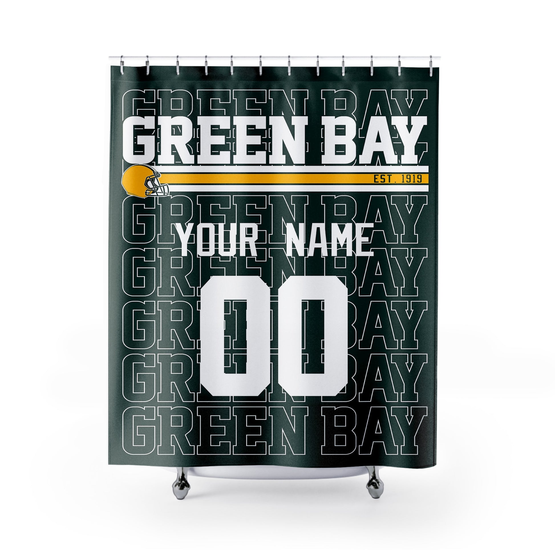 Personalized Green Bay football shower curtain in green gold and white colors with custom name and number on a white background
