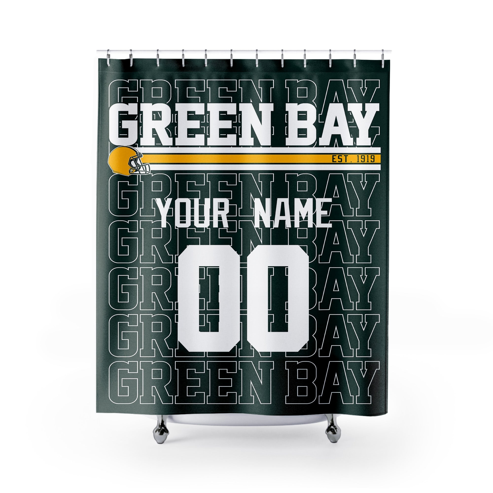 Personalized Green Bay football shower curtain in green gold and white colors with custom name and number on a white background