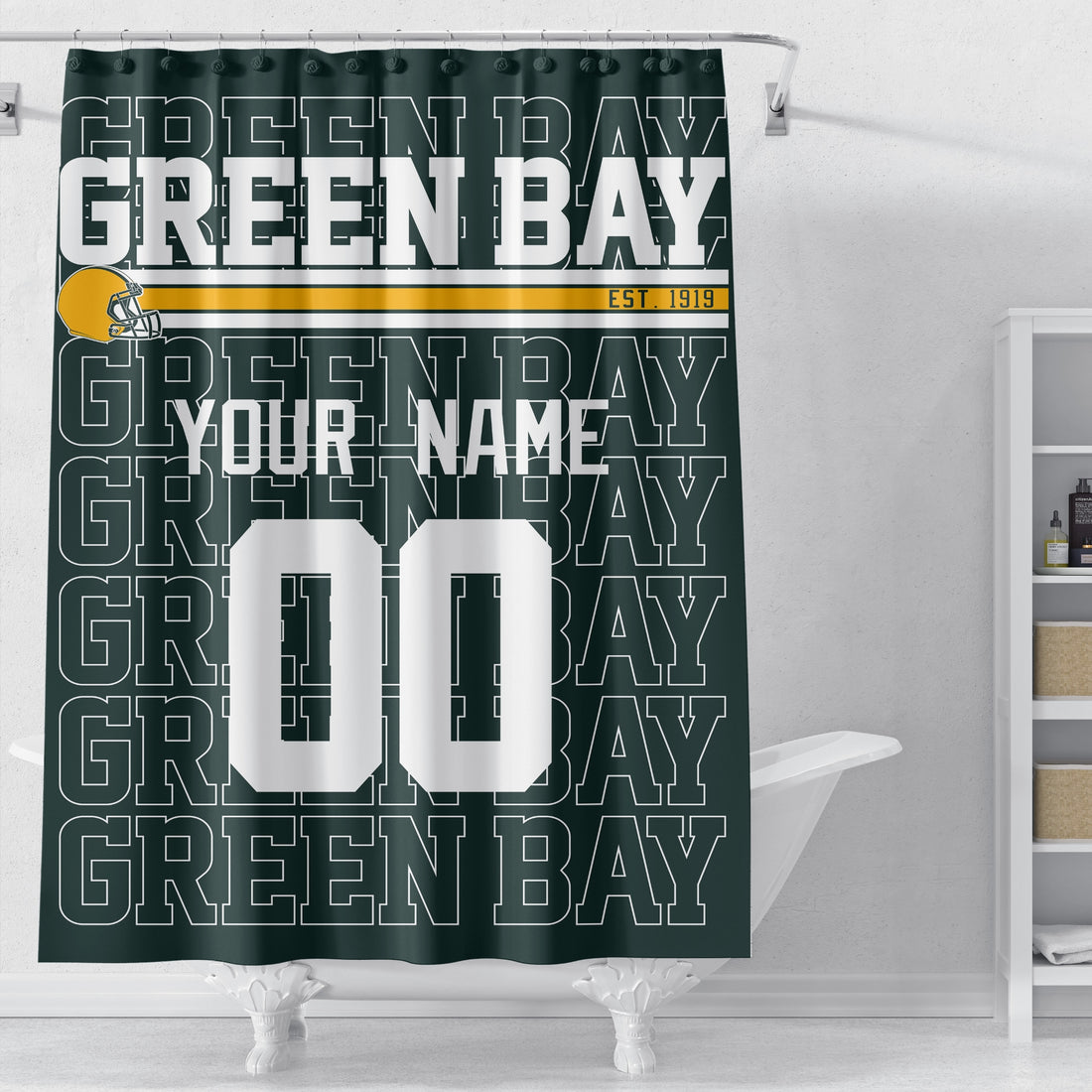 Personalized Green Bay football shower curtain in green gold and white colors with custom name and number on a white background