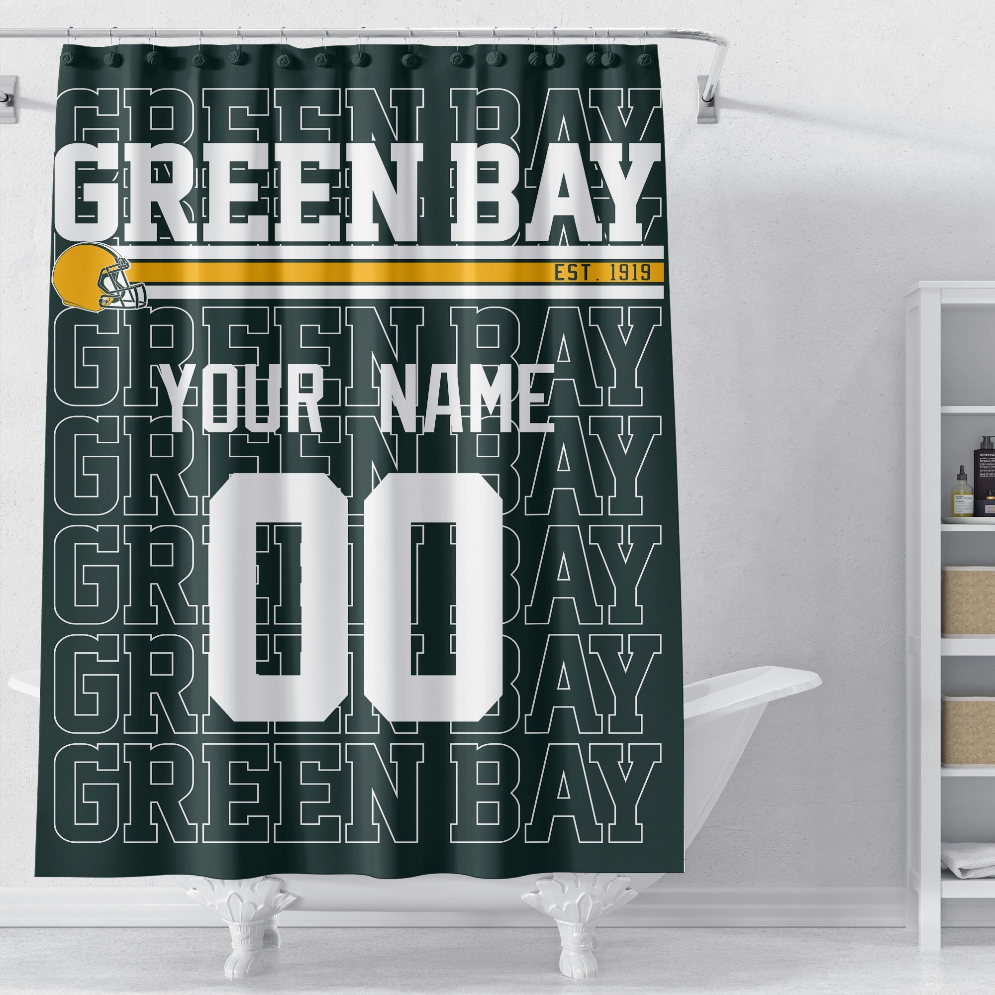Personalized Green Bay football shower curtain in green gold and white colors displayed above a bathtub