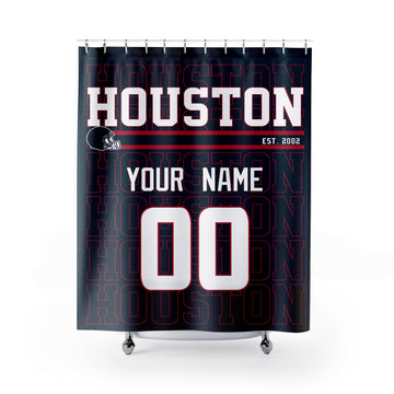 Personalized Houston football shower curtain in navy red and white colors with custom name and number on a white background