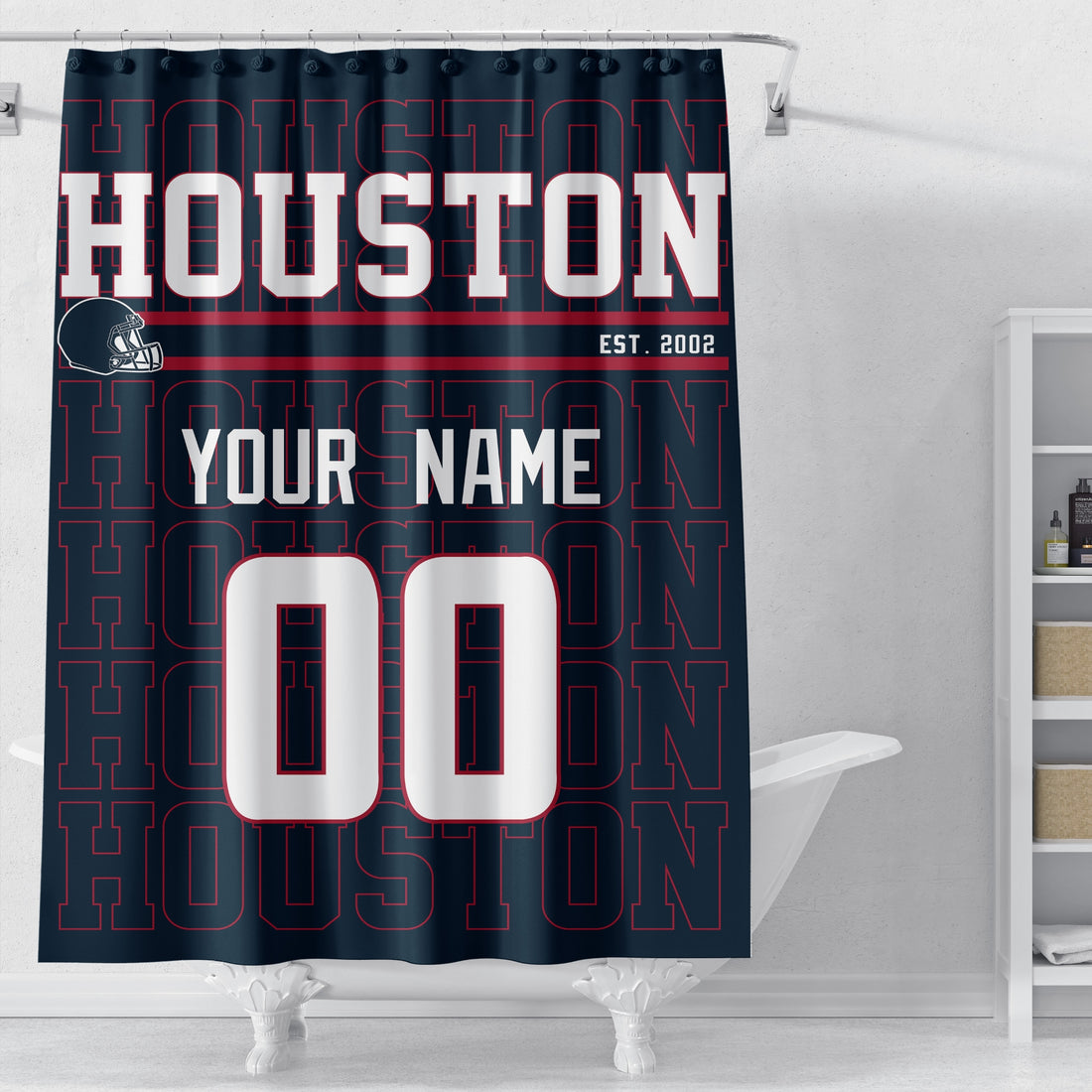 Personalized Houston football shower curtain in navy red and white colors with custom name and number on a white background