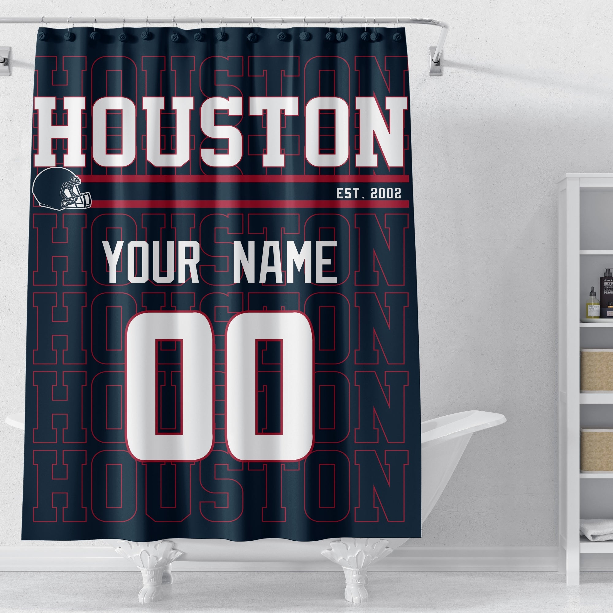 Personalized Houston football shower curtain in navy red and white colors displayed above a bathtub