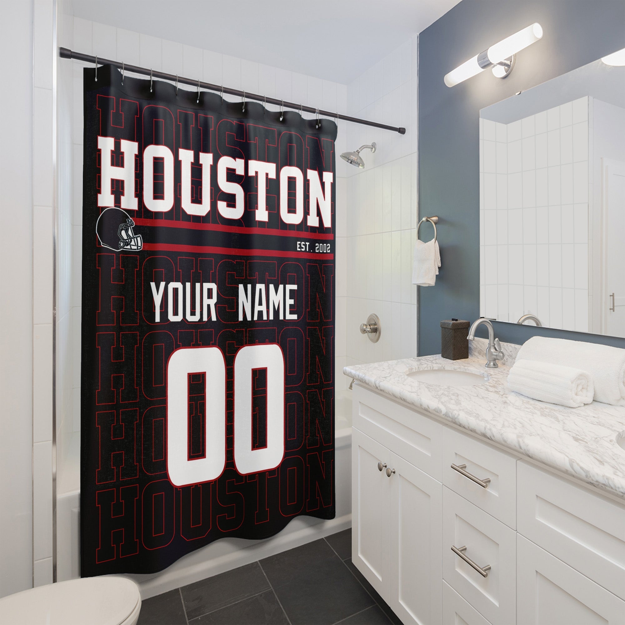 Personalized Houston football shower curtain with custom name and number hanging in a modern bathroom