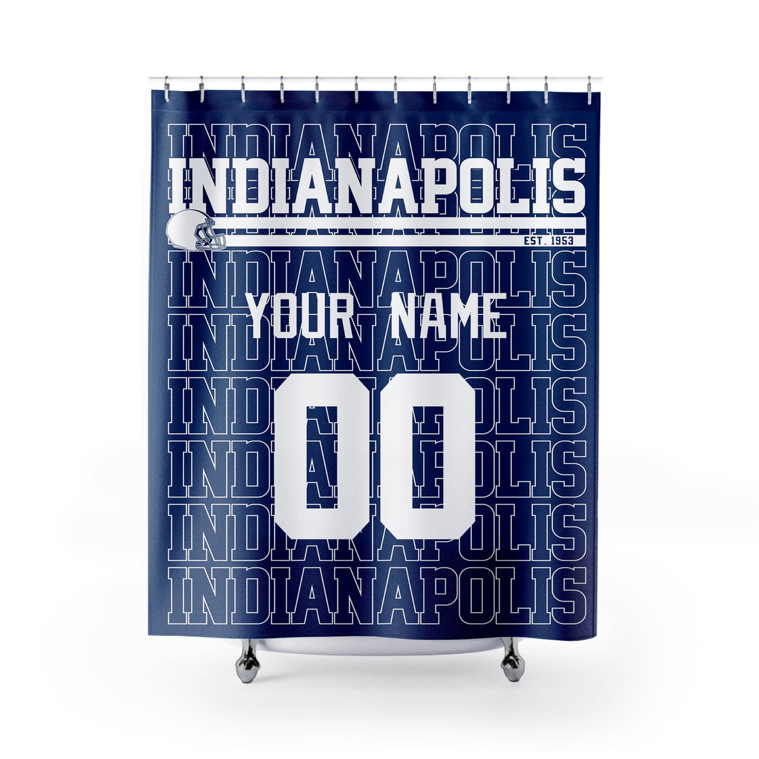Personalized Indianapolis football shower curtain in royal blue white and gray colors with custom name and number on a white background