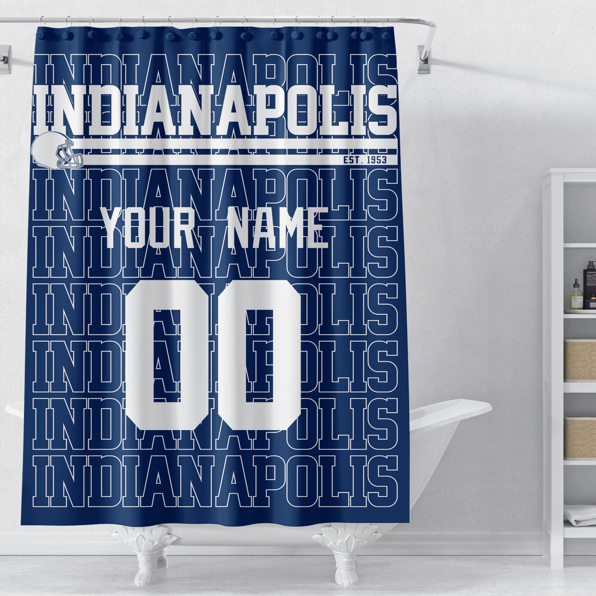 Personalized Indianapolis football shower curtain in royal blue white and gray colors displayed above a bathtub
