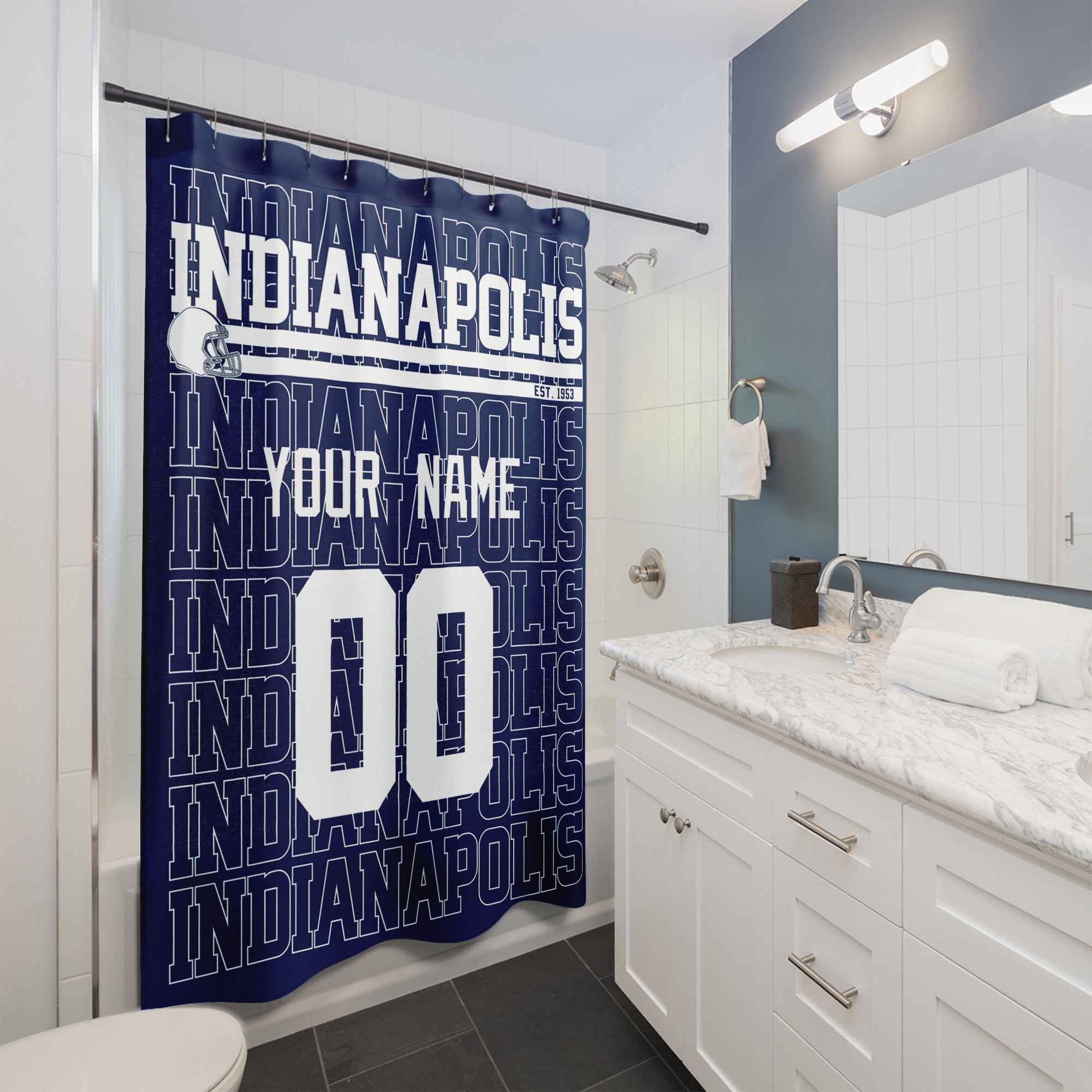 Personalized Indianapolis football shower curtain with custom name and number hanging in a modern bathroom