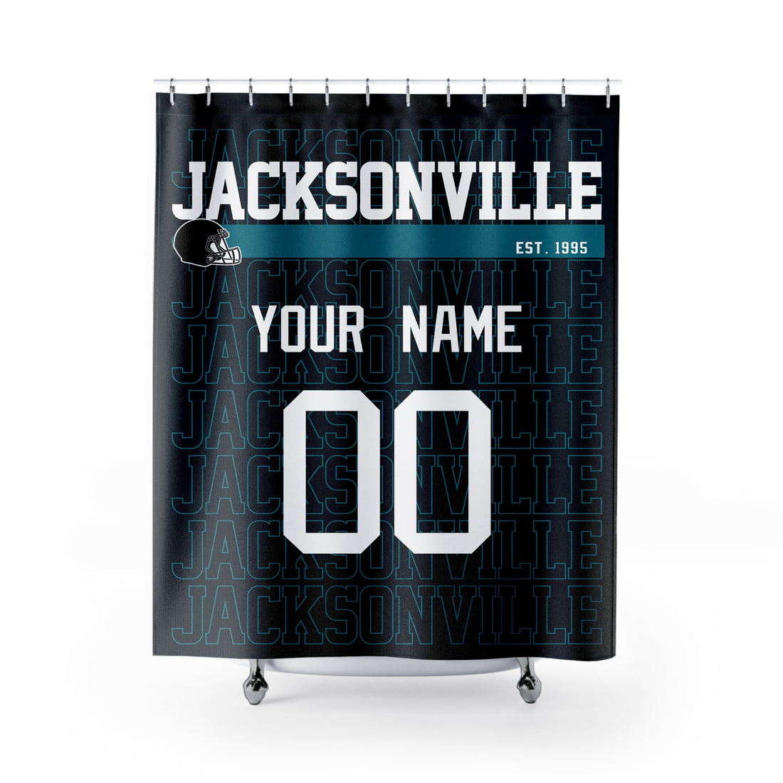 Personalized Jacksonville football shower curtain in black teal and white colors with custom name and number on a white background