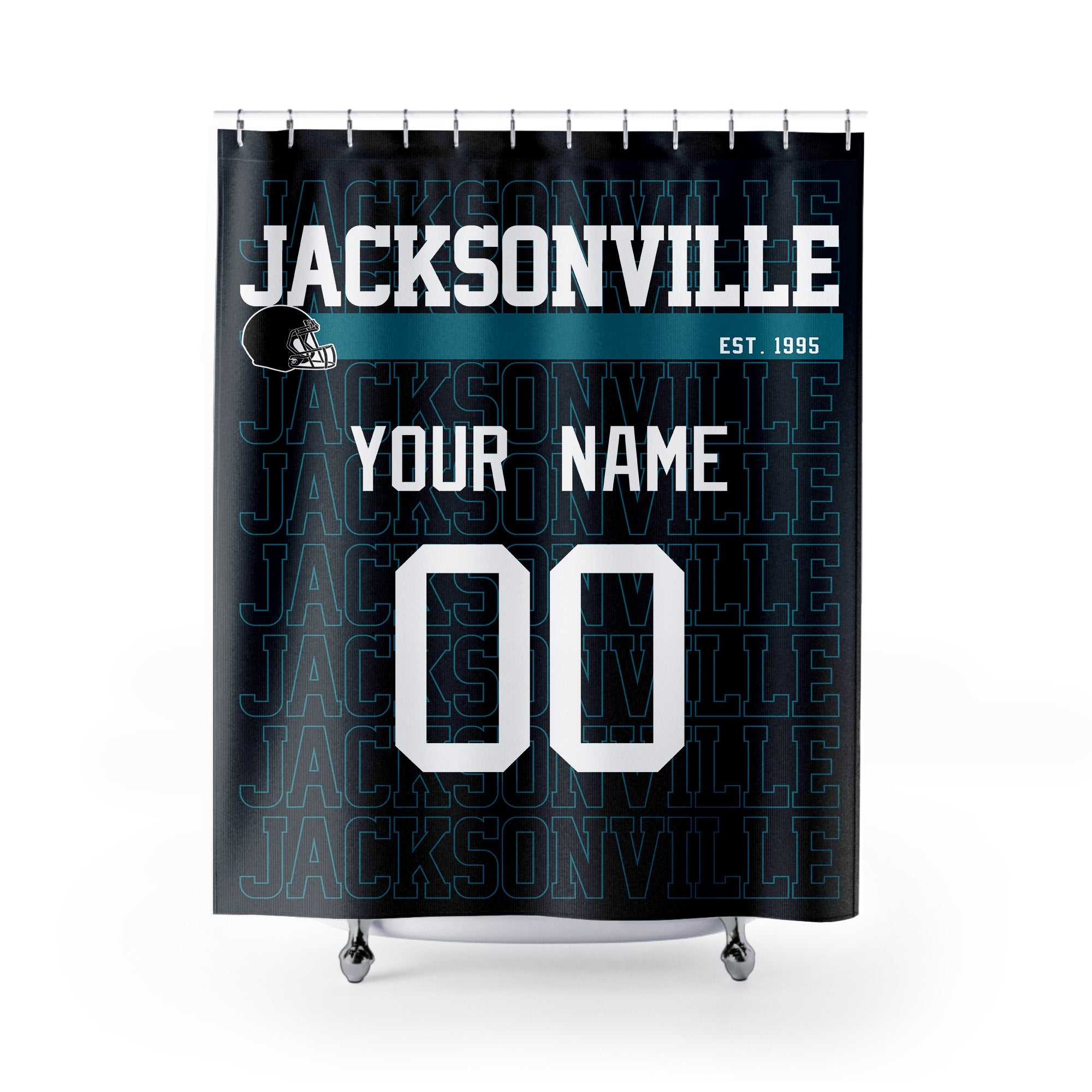 Personalized Jacksonville football shower curtain in black teal and white colors with custom name and number on a white background