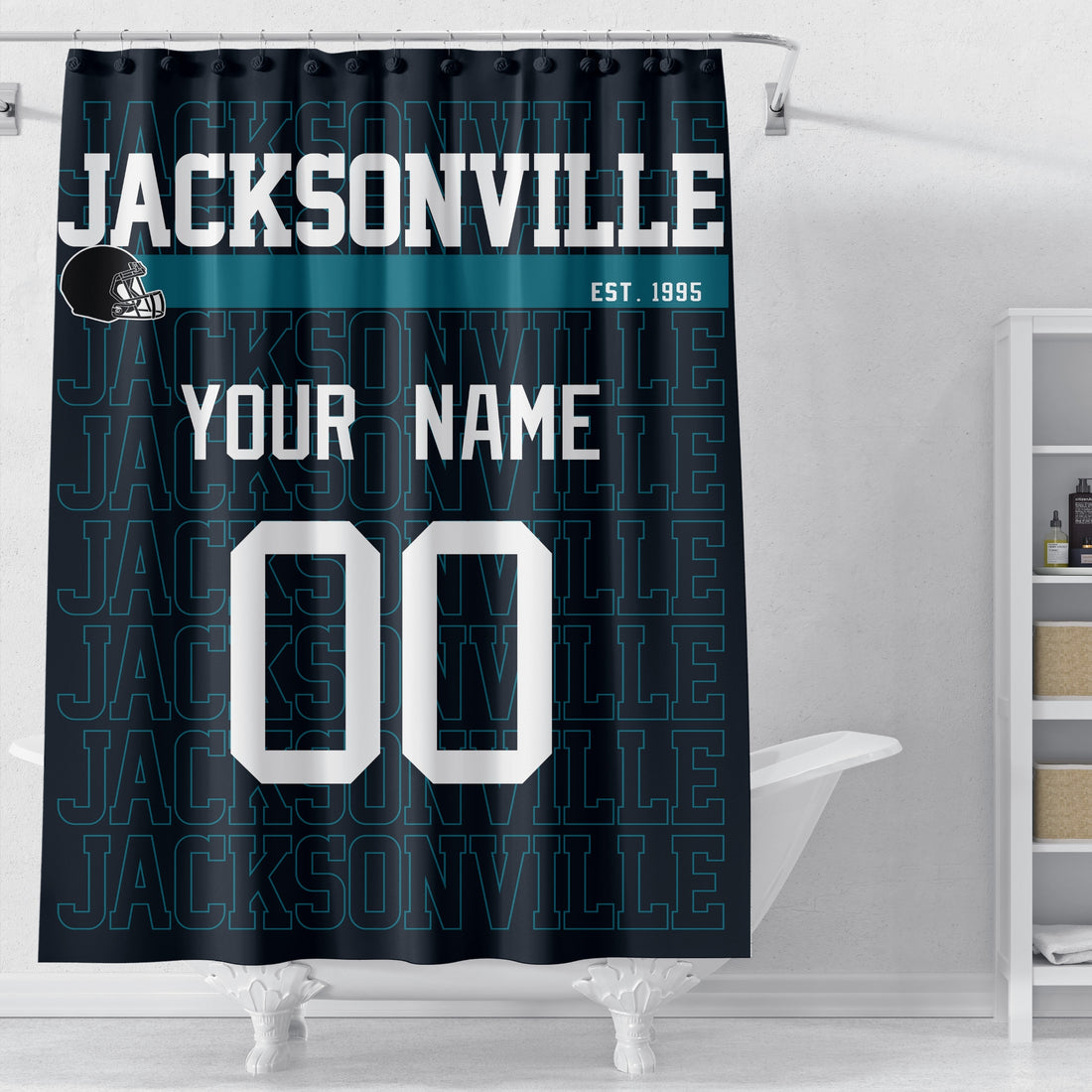 Personalized Jacksonville football shower curtain in black teal and white colors with custom name and number on a white background