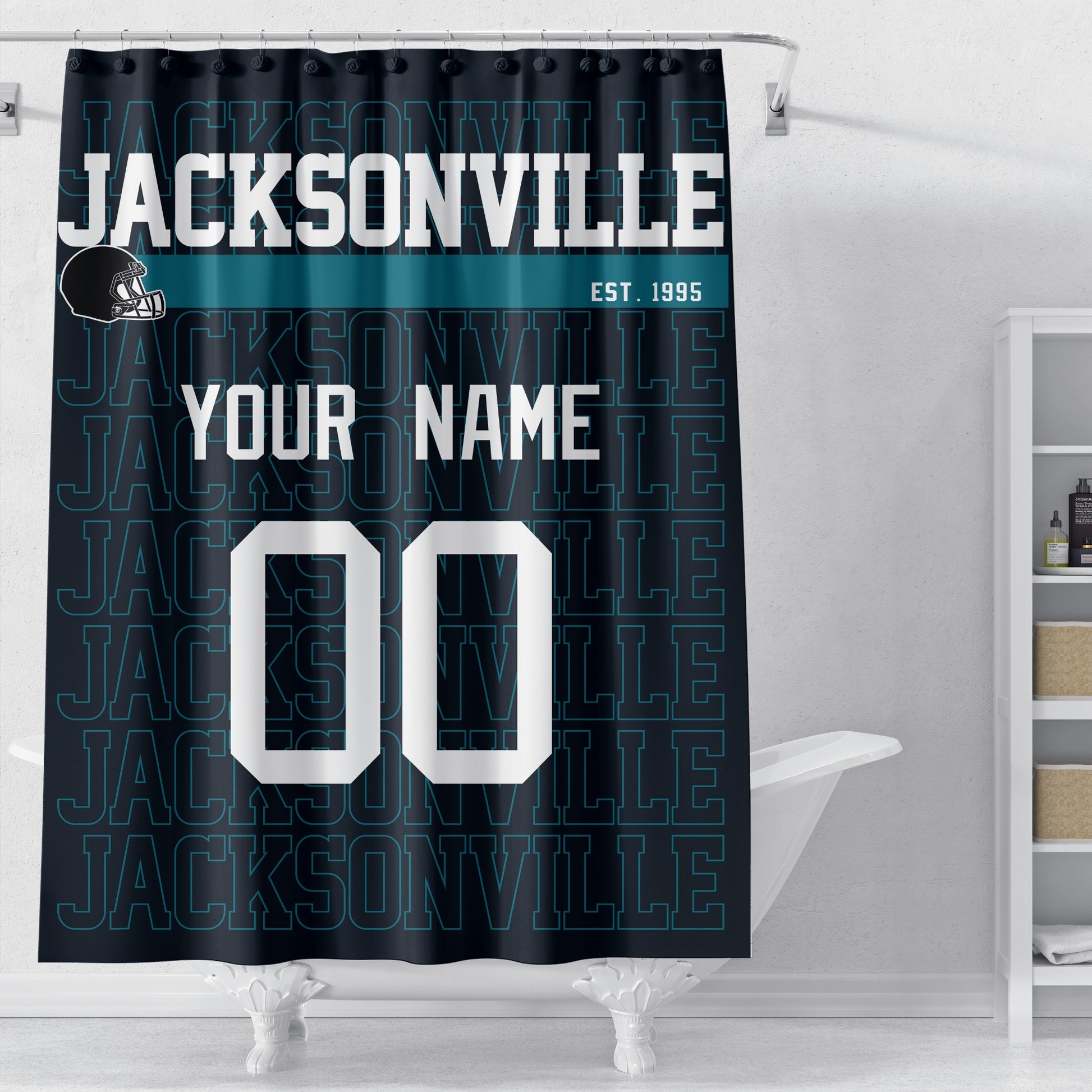 Personalized Jacksonville football shower curtain in black teal and white colors displayed above a bathtub
