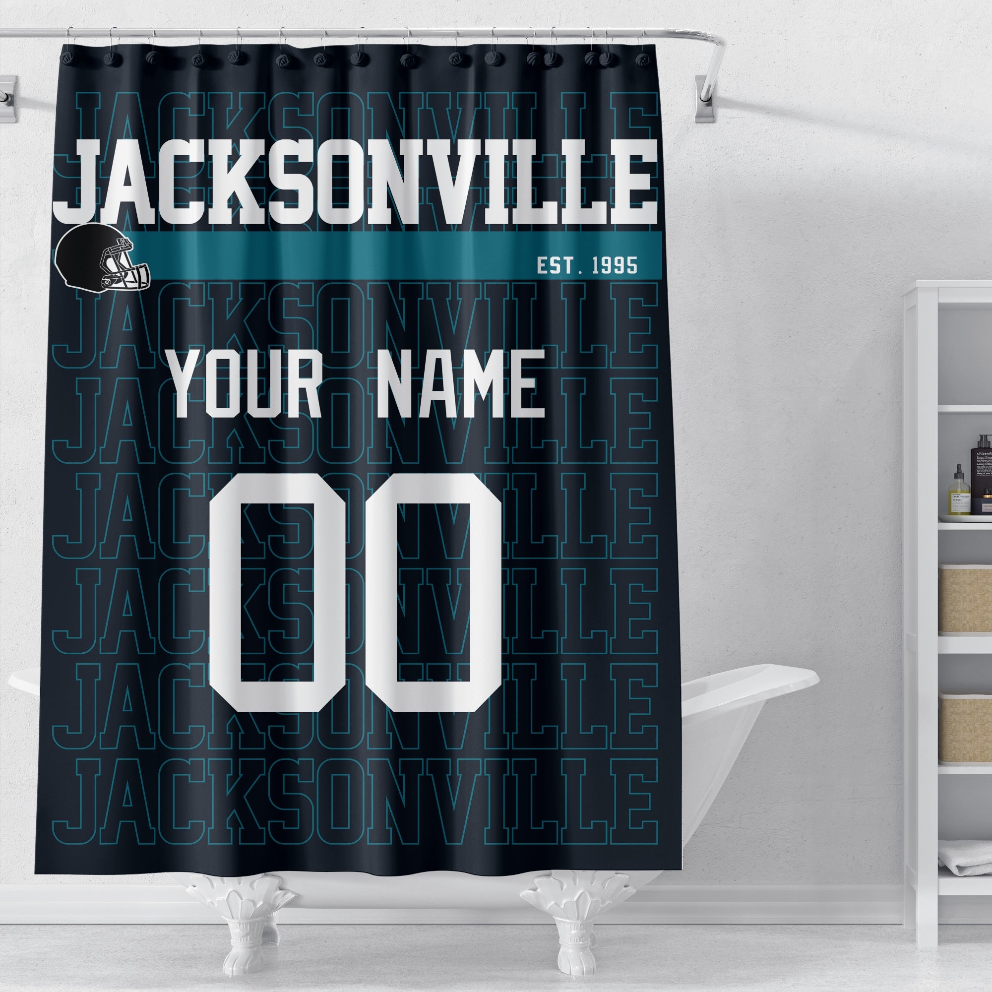 Personalized Jacksonville football shower curtain in black teal and white colors displayed above a bathtub
