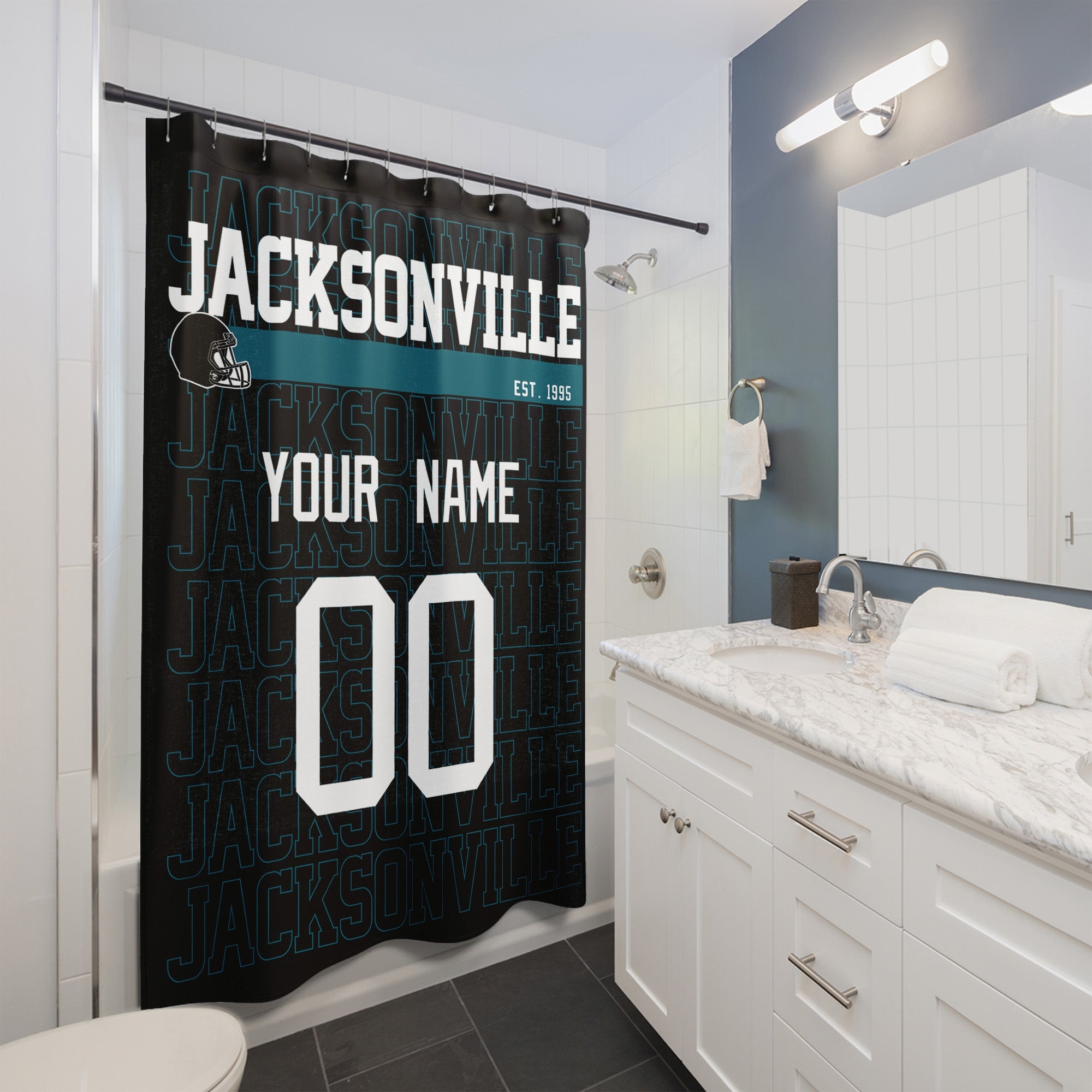 Personalized Jacksonville football shower curtain with custom name and number hanging in a modern bathroom