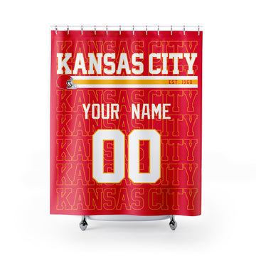 Personalized Kansas City football shower curtain in red gold and white colors with custom name and number on a white background