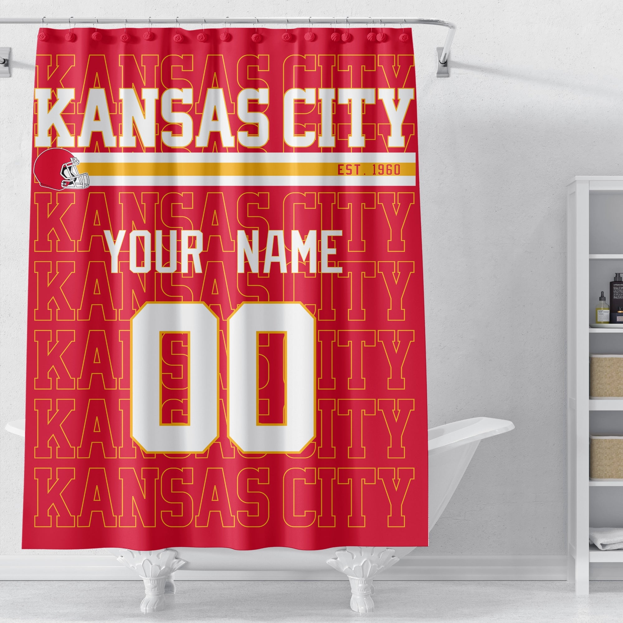 Personalized Kansas City football shower curtain in red gold and white colors displayed above a bathtub
