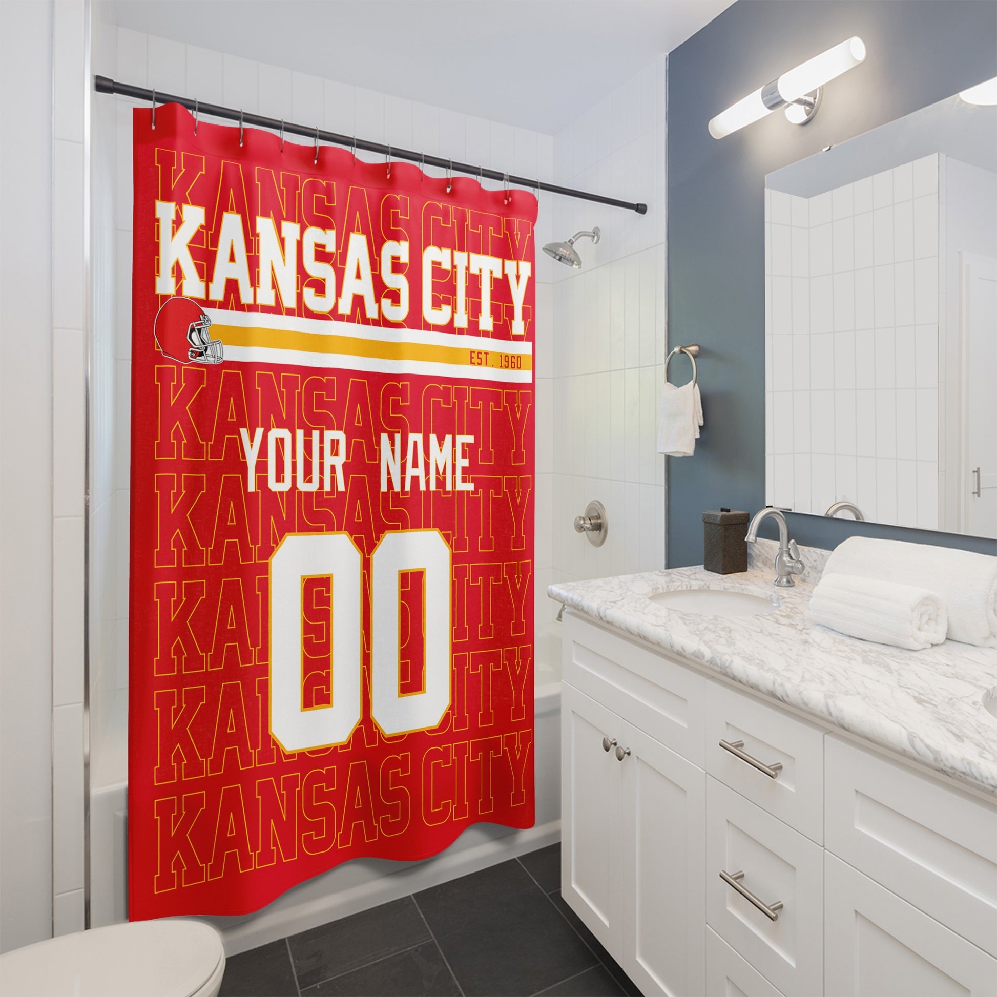 Personalized Kansas City football shower curtain with custom name and number hanging in a modern bathroom