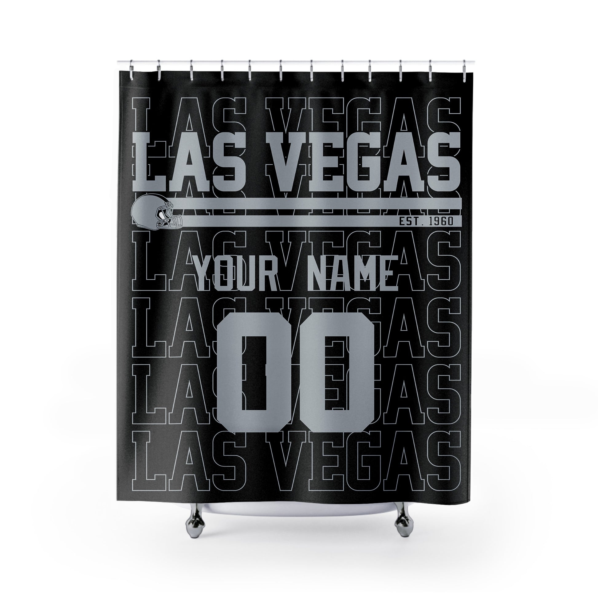 Personalized Las Vegas football shower curtain in black silver and white colors with custom name and number on a white background
