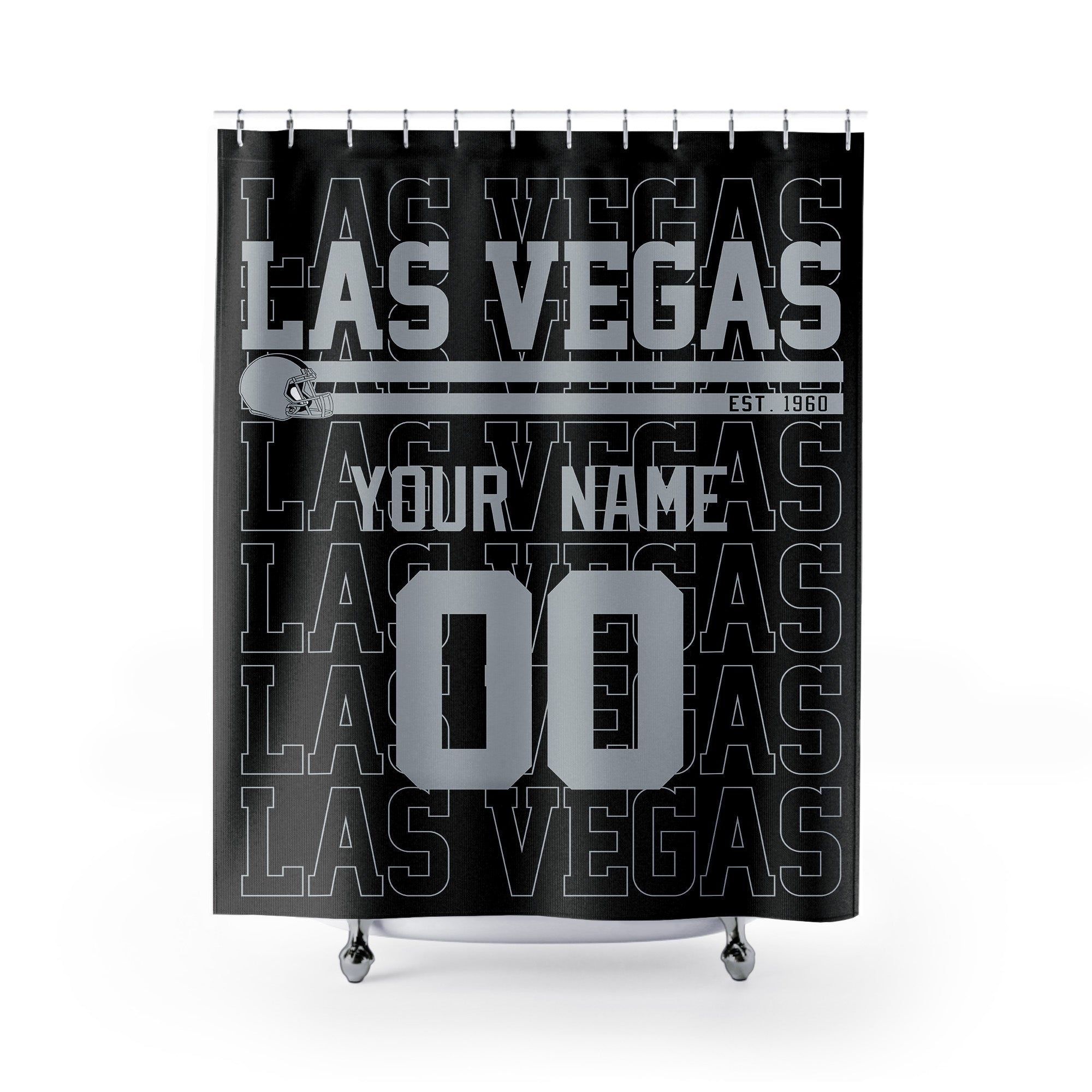 Personalized Las Vegas football shower curtain in black silver and white colors with custom name and number on a white background