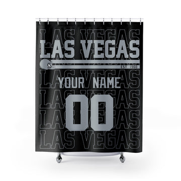 Personalized Las Vegas football shower curtain in black silver and white colors with custom name and number on a white background