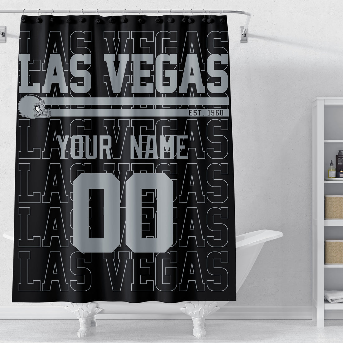 Personalized Las Vegas football shower curtain in black silver and white colors with custom name and number on a white background