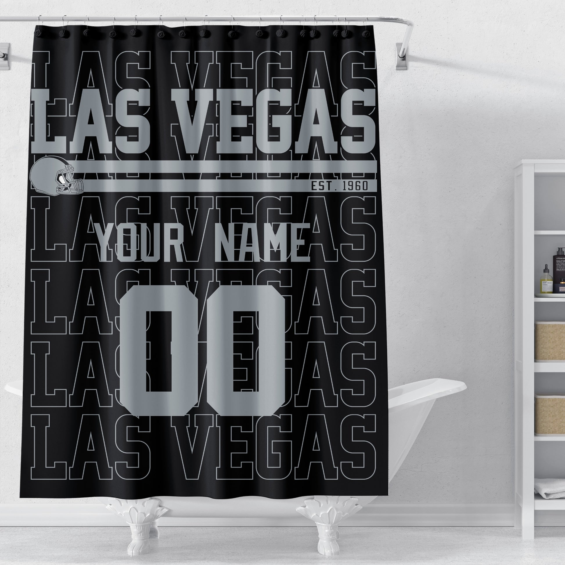 Personalized Las Vegas football shower curtain in black silver and white colors displayed above a bathtub