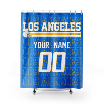 Personalized Los Angeles Blue and Yellow football shower curtain in bright blue yellow and white colors with custom name and number on a white background