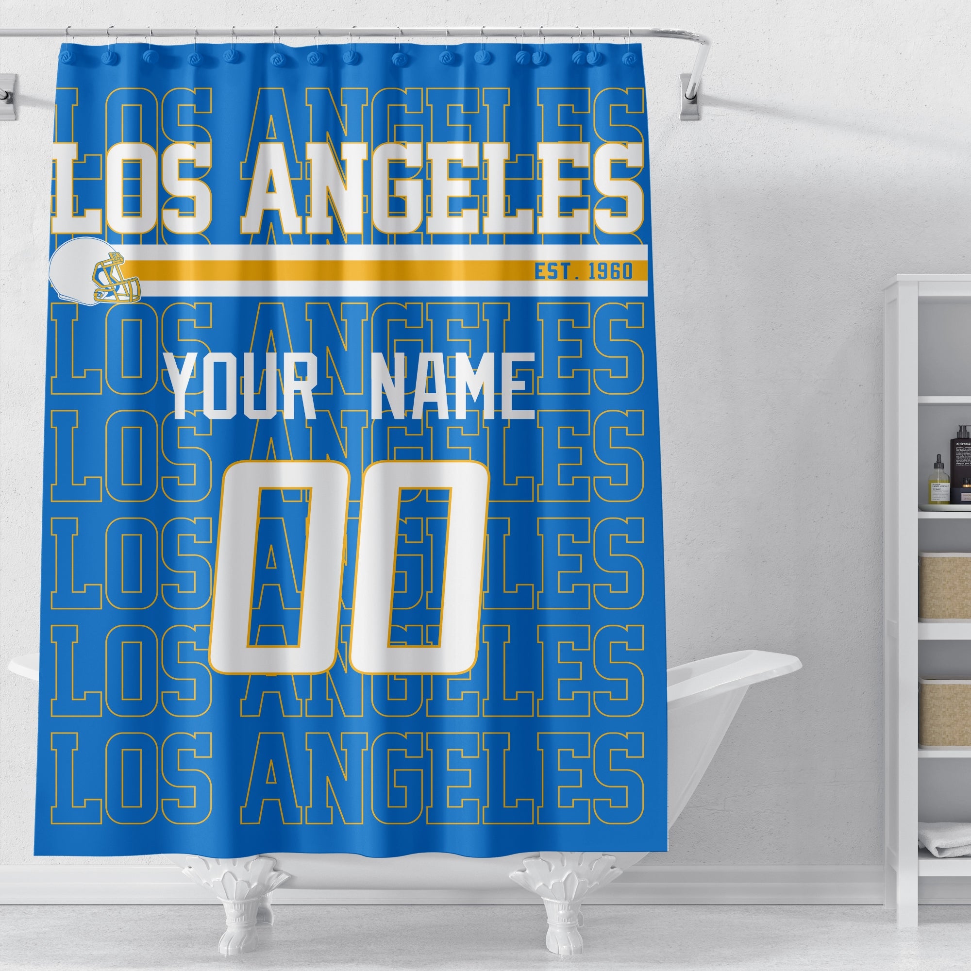 Personalized Los Angeles Blue and Yellow football shower curtain in bright blue yellow and white colors displayed above a bathtub