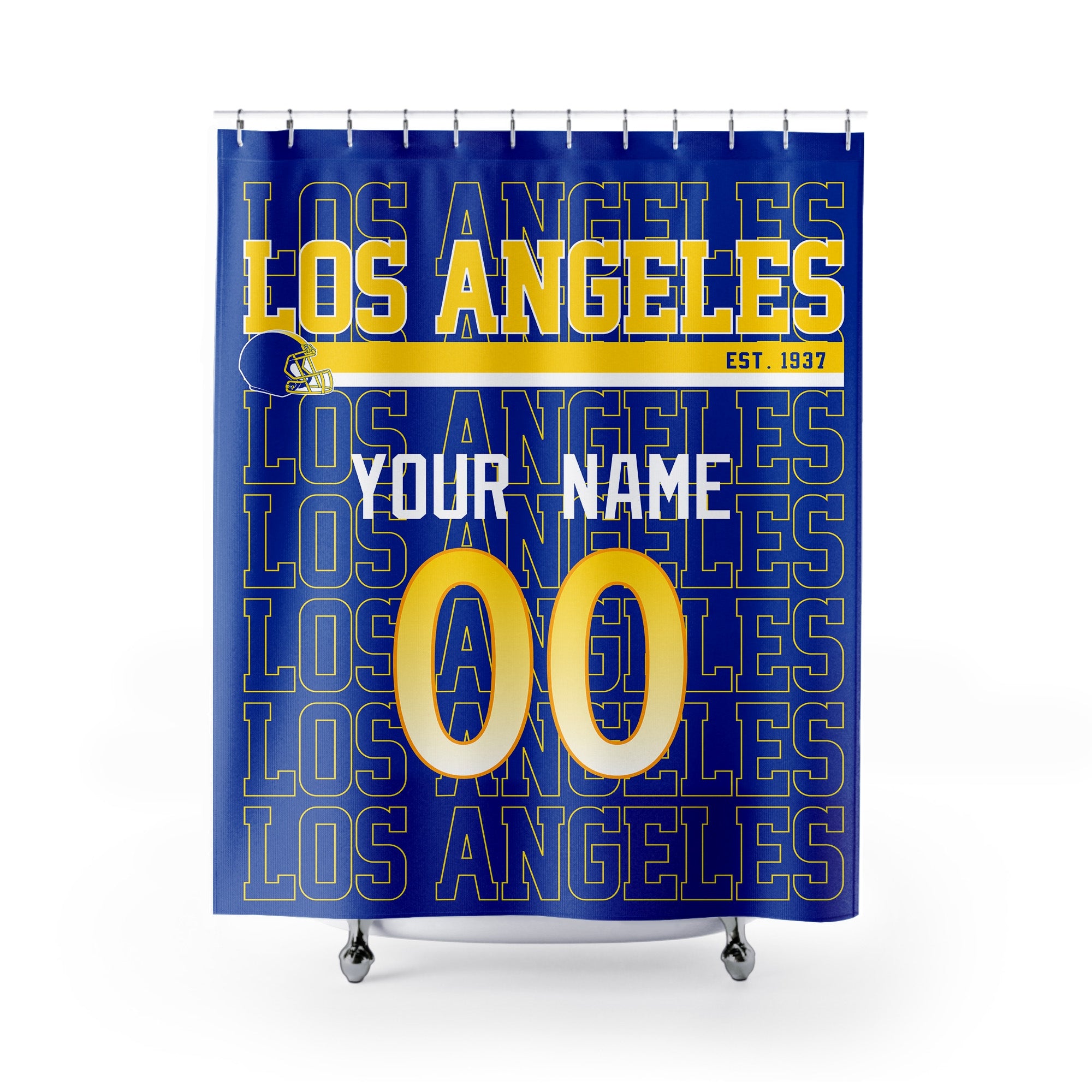 Personalized Los Angeles Navy and Gold football shower curtain in navy royal blue gold and white colors with custom name and number on a white background
