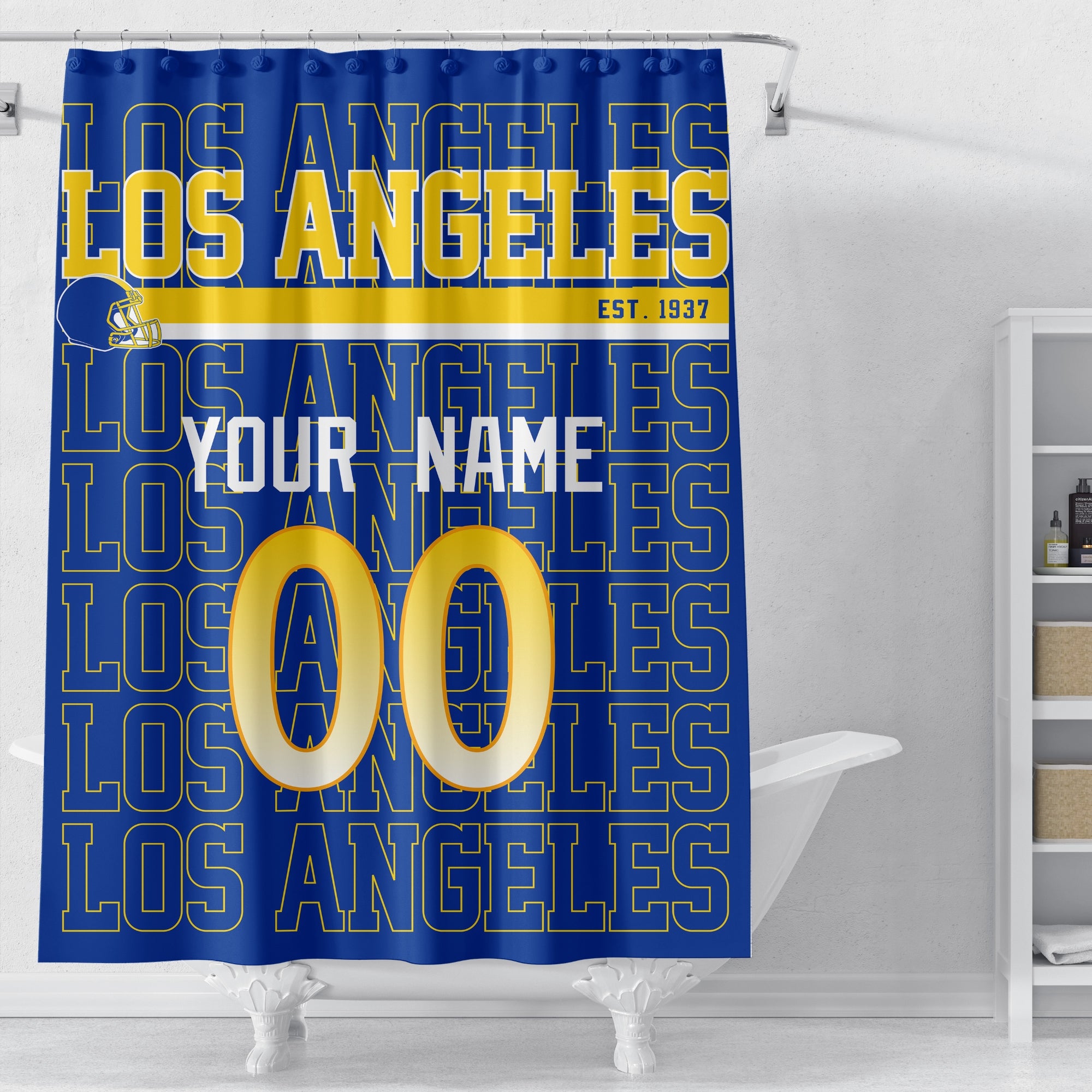 Personalized Los Angeles Navy and Gold football shower curtain in navy royal blue gold and white colors displayed above a bathtub