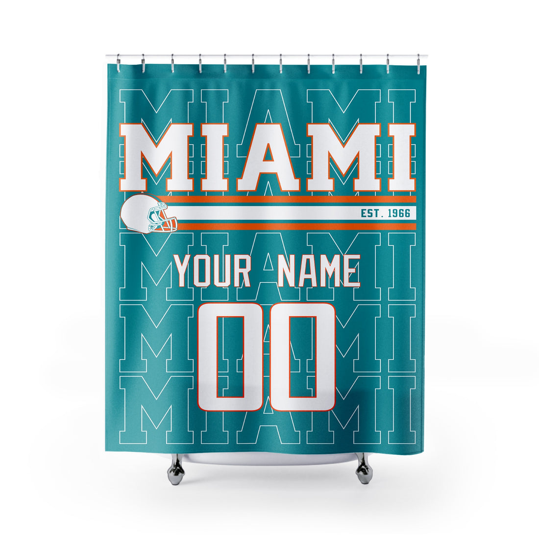 Personalized Miami football shower curtain in aqua orange and white colors with custom name and number on a white background