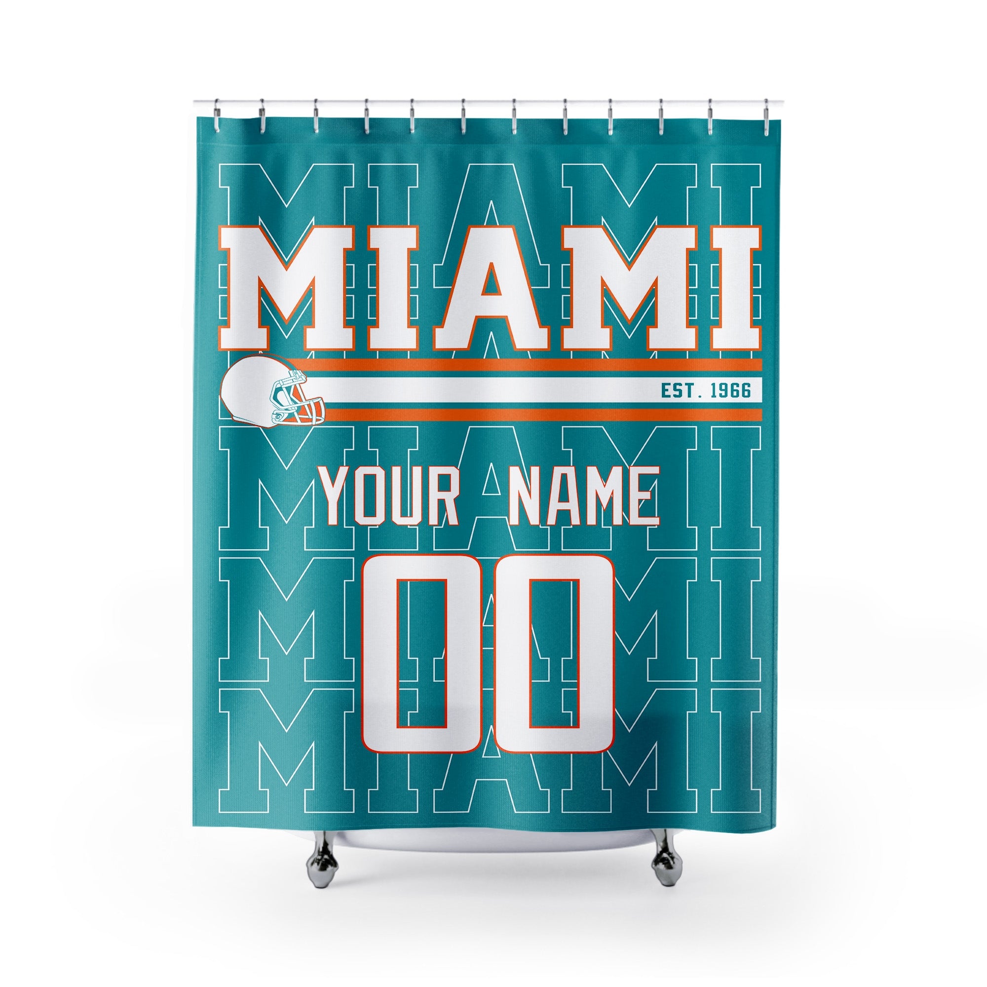 Personalized Miami football shower curtain in aqua orange and white colors with custom name and number on a white background