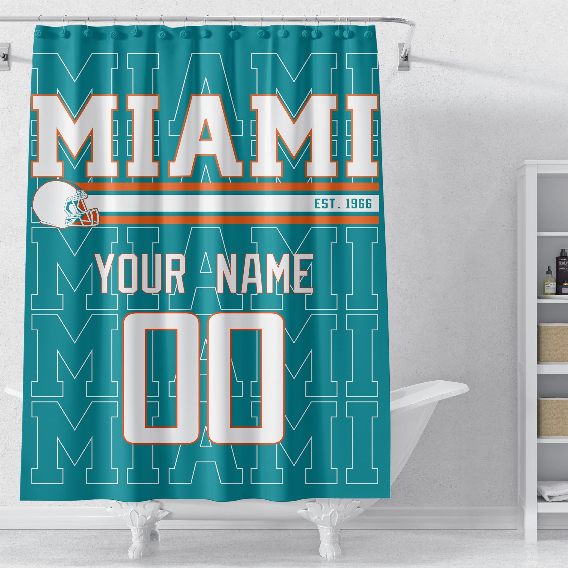 Personalized Miami football shower curtain in aqua orange and white colors displayed above a bathtub