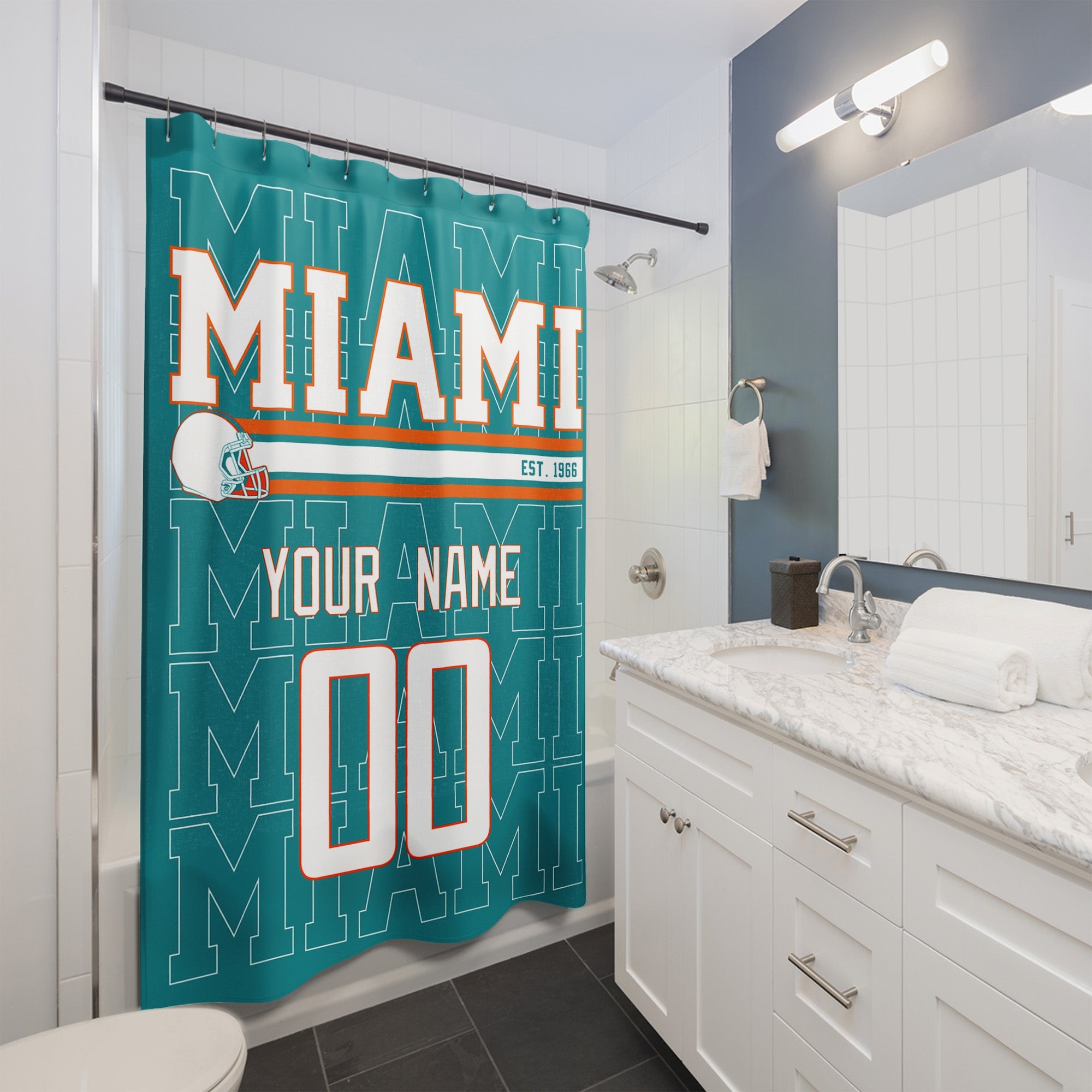 Personalized Miami football shower curtain with custom name and number hanging in a modern bathroom