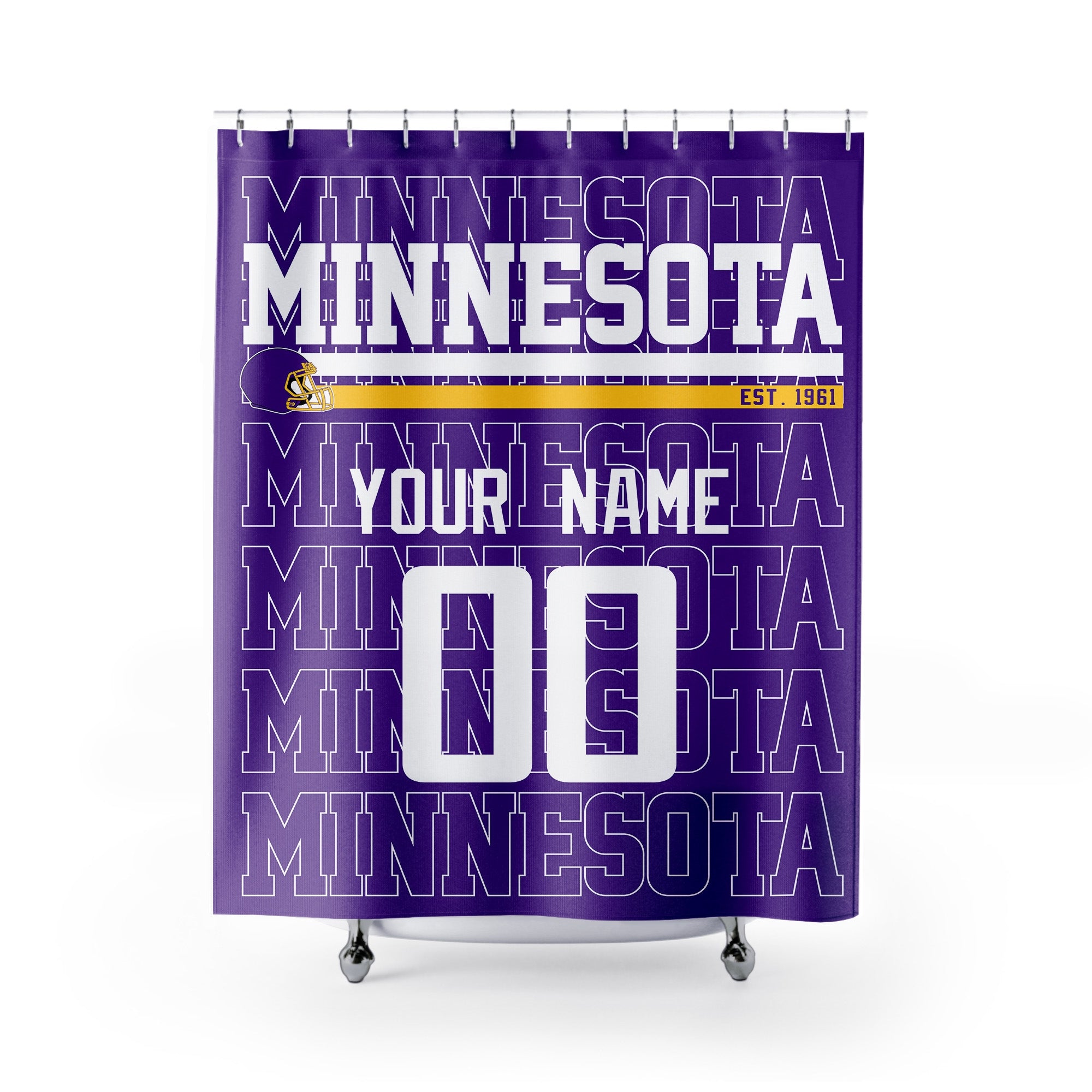 Personalized Minnesota football shower curtain in purple gold and white colors with custom name and number on a white background