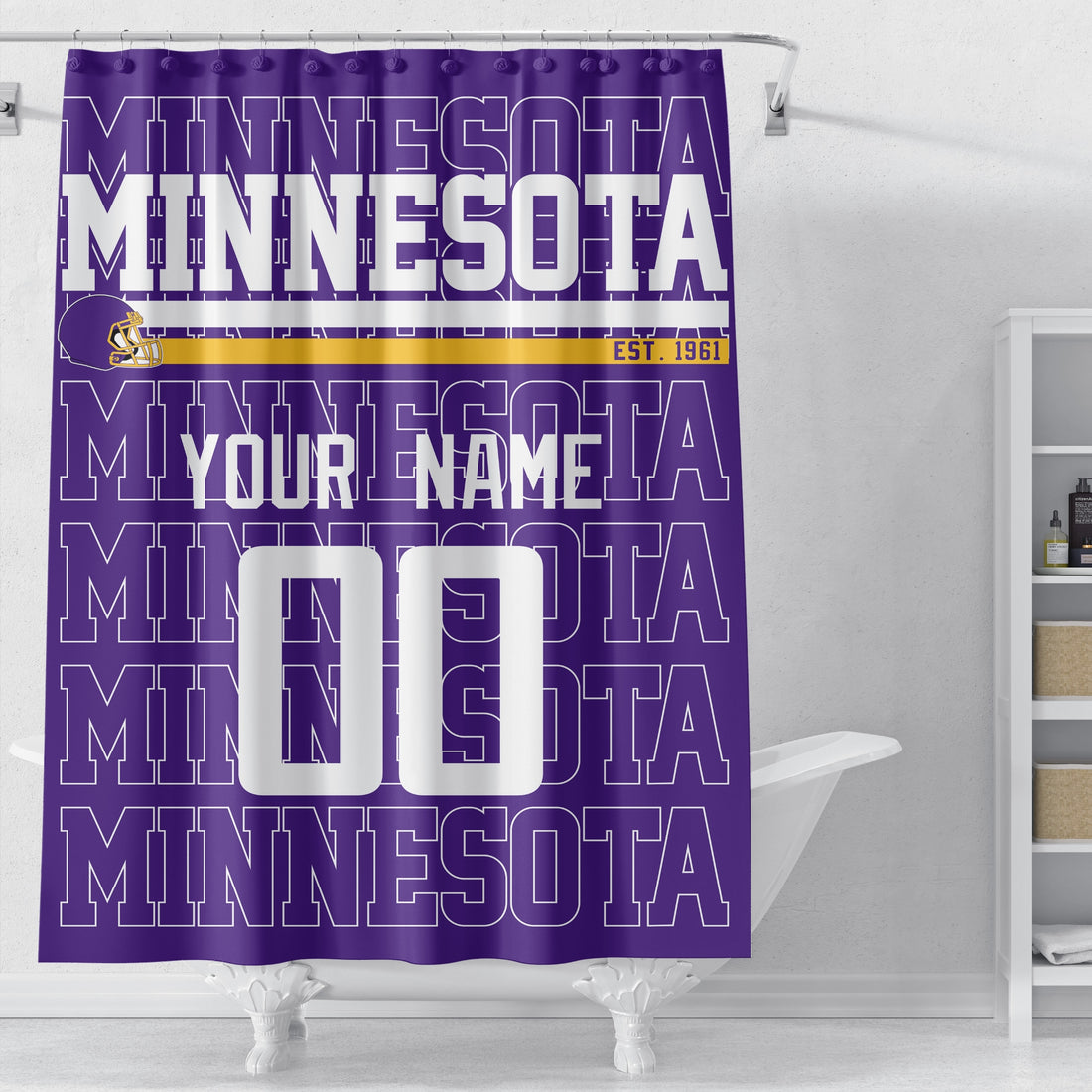 Personalized Minnesota football shower curtain in purple gold and white colors with custom name and number on a white background