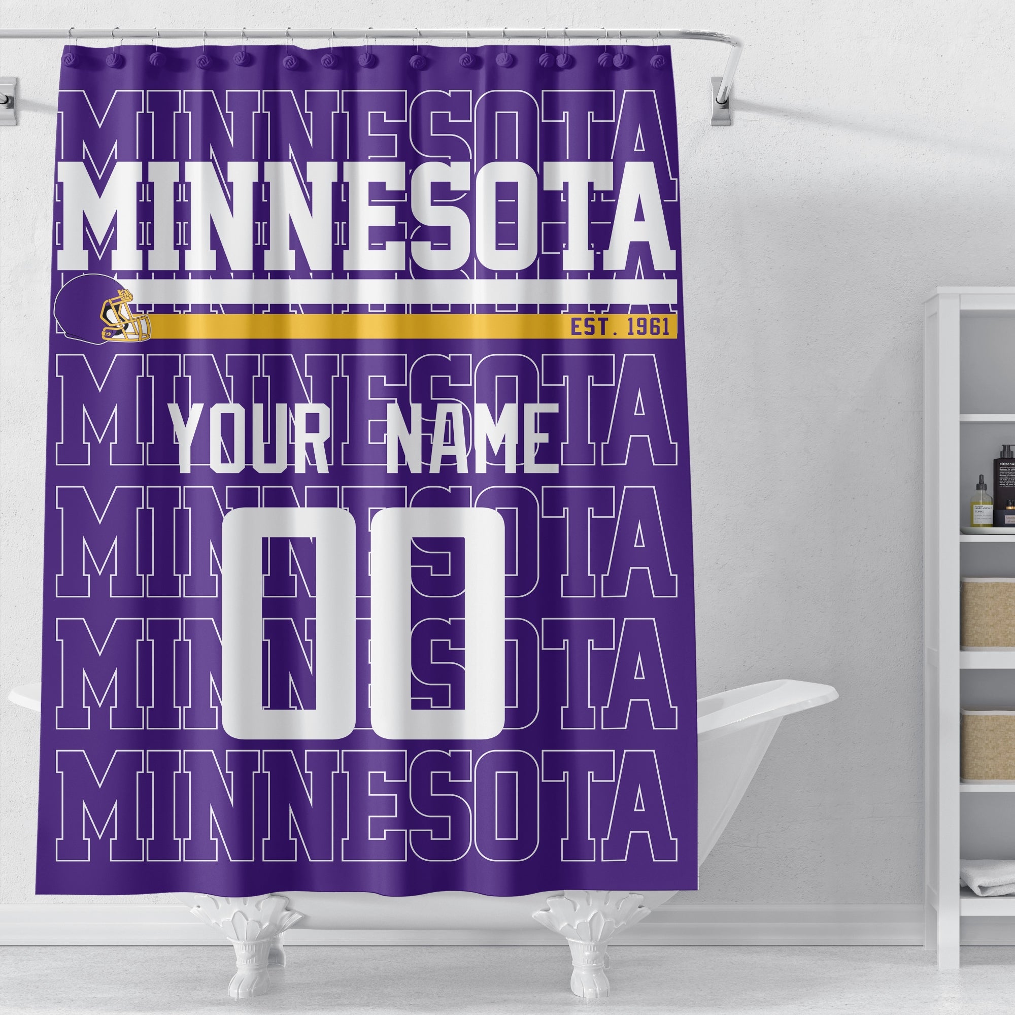 Personalized Minnesota football shower curtain in purple gold and white colors displayed above a bathtub